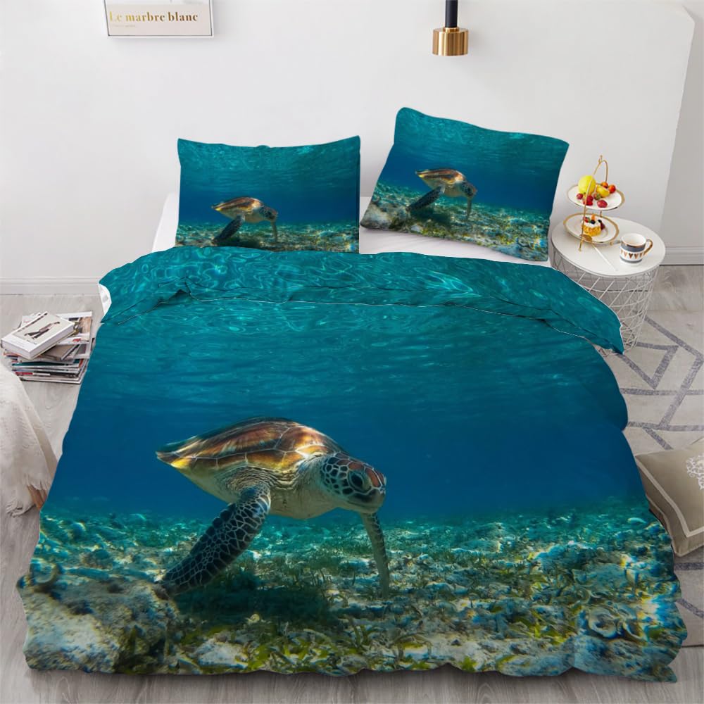 ROUSKI Bettwäsche Meeresschildkröte 135x200 cm 2teilig 100% Mikrofaser Kinderbettwäsche Ozean Schildkröte Bettbezug mit Reißverschluss 3D Motiv Zimmer Dekor Bettwäsche-Sets mit Kissenbezüge 80x80