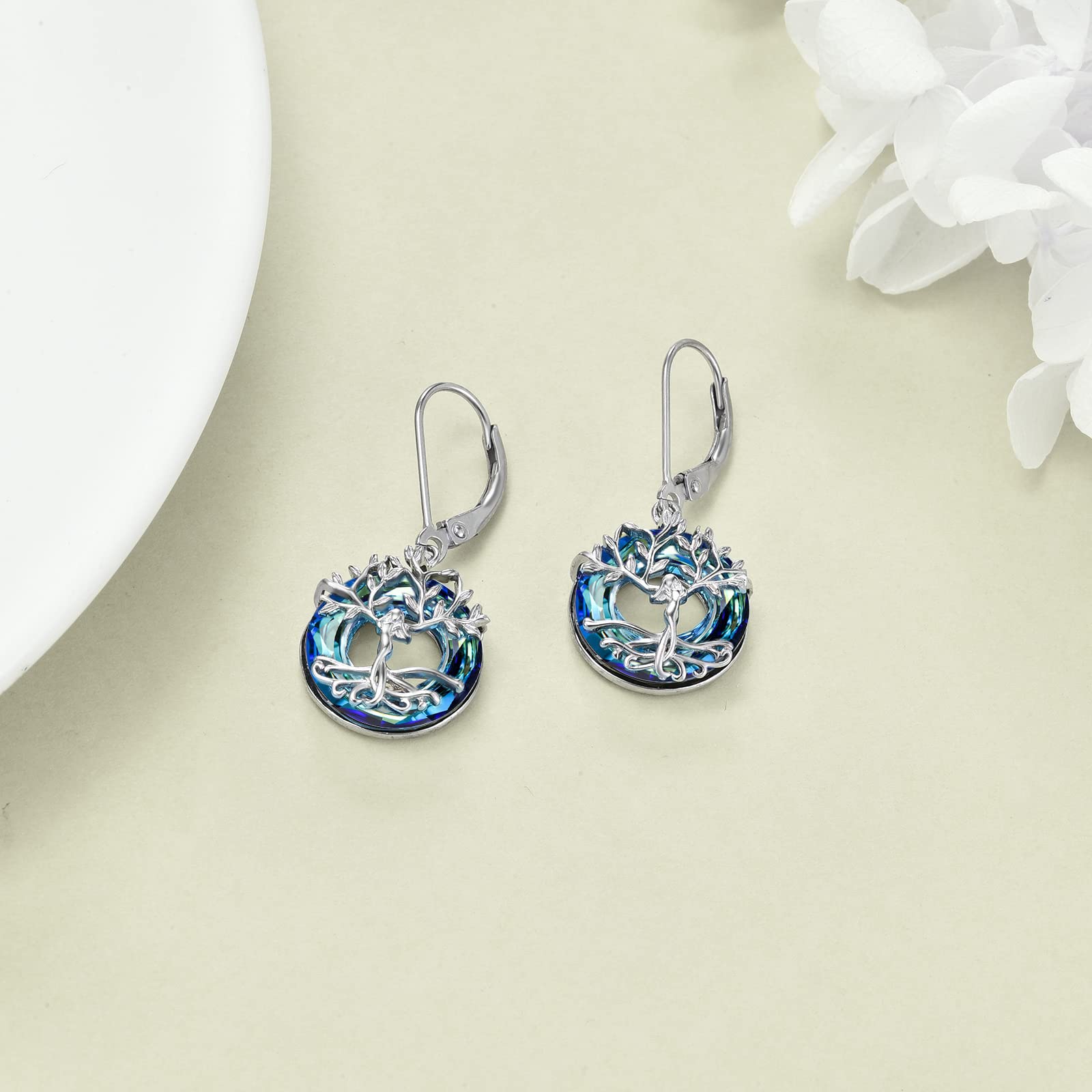 Baum des Lebens Ohrringe Sterling Silber mit Kristallen, Geburtstagsschmuck Geschenke für Frauen Damen