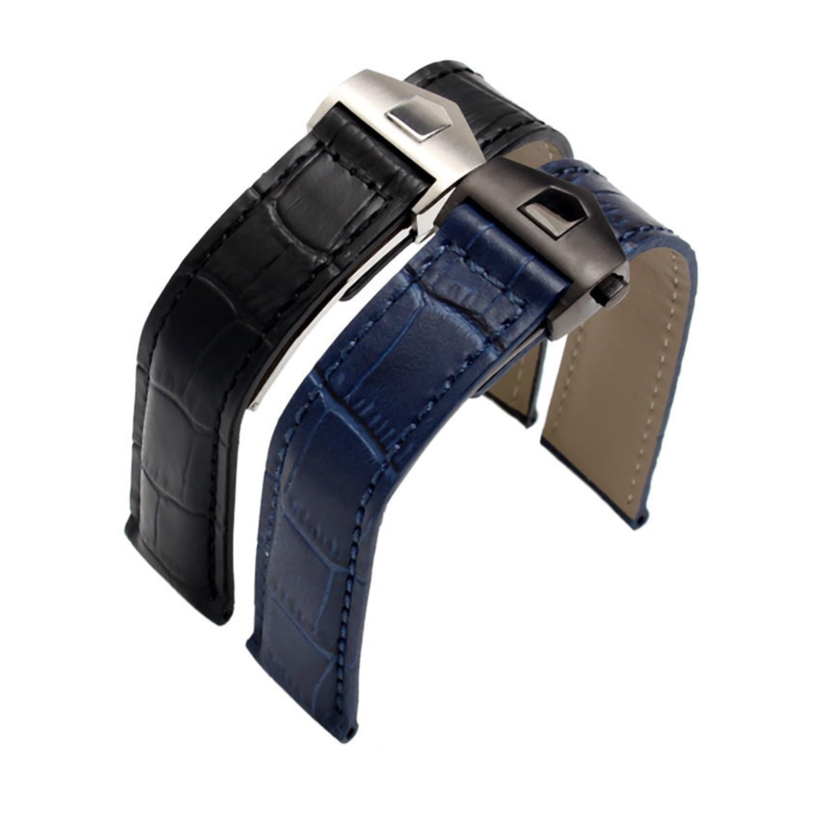 HMFANG Bracelet en cuir véritable compatible avec TAG Heuer Bleu Noir avec coutures rouges Bracelet 19 20 22 mm pour homme avec fermoir pliable