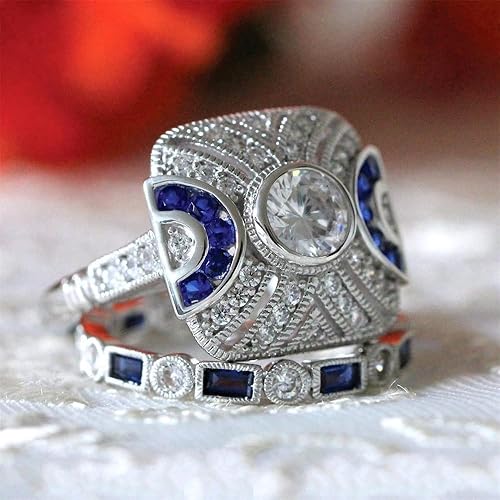Miniatura 2 de 2Pcs vintage 925 sterling silver women's ring set inlaid zircon full diamond square shape super shiny luxy sapphire ring engagement jewelry cocktail