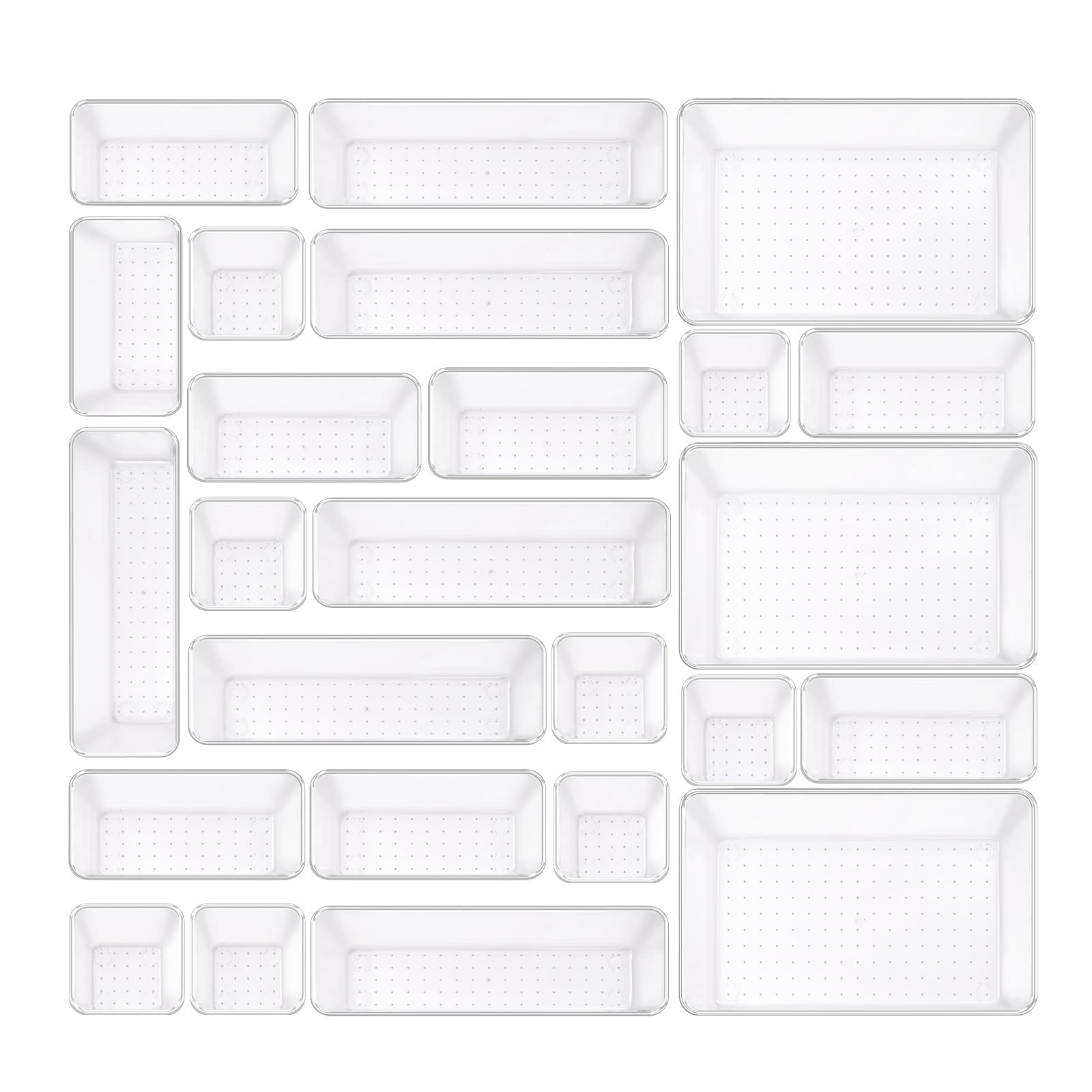 Organizer per cassetti, 25 pezzi, in 4 misure, in plastica, per toeletta e trucco, organizzatore (trasparente)