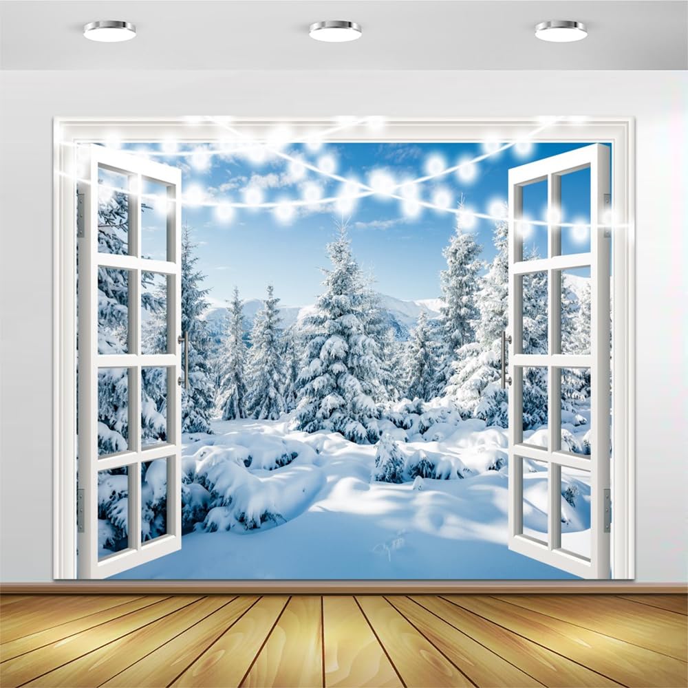 Fotohintergrund für den Winter, Schnee, Wald, Fenster, Bäume, Alpen, 3 x 2,4 m