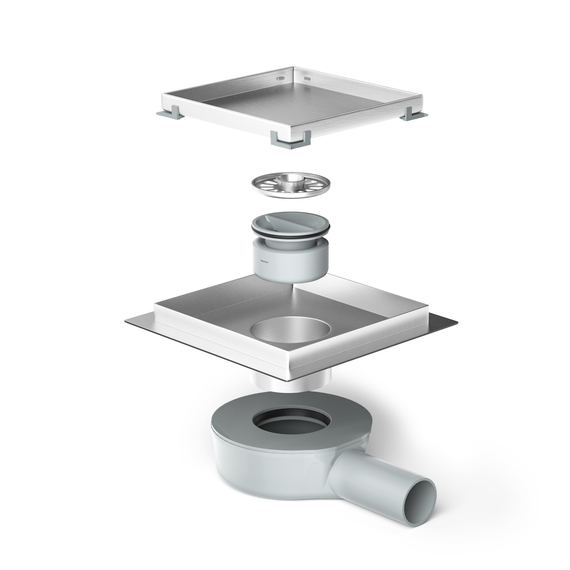 Caniveau de douche en acier inoxydable Duadratisch - 15 cm - 2 en 1 - Avec siphon à 360° - Joint d'eau et filtre à cheveux améliorés - 2 adaptateurs de vidange DN50 DN40 - Argenté