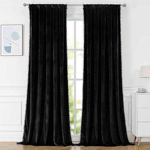 Miniatura 3 de Cortinas de terciopelo con pompones de 84 pulgadas para dormitorio, cortinas de terciopelo negro, con aislamiento térmico, oscurecimiento de la