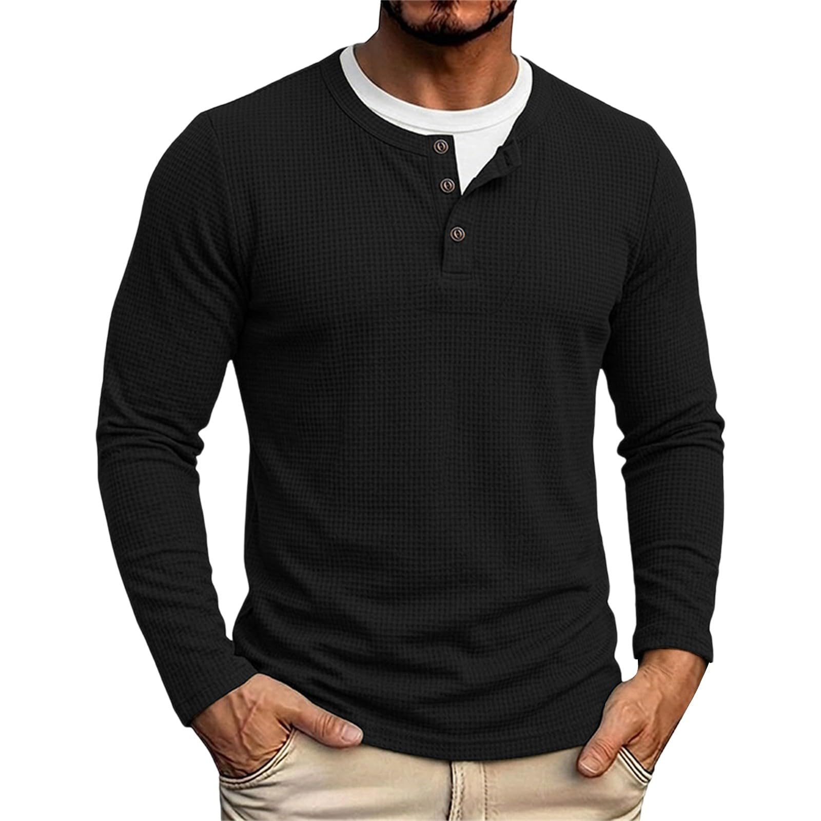 CHUNOTU Henley T Shirt da uomo UK Waffle Knit Fake Two Piece Long Sleeve | Casual Base Layer Tees Oversize Plain Felpe Loose Fit Moda Pullover Maglione Top
