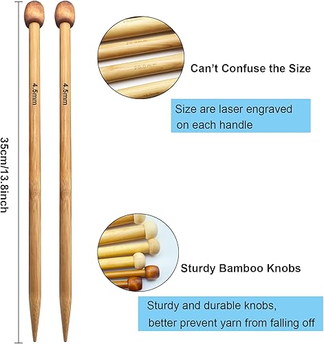 Miniatura 3 de Weabetfu Aguja de tejer de bambú recta de un solo punto de 13.8 pulgadas de longitud, agujas de tejer para tejer hechas a mano, tamaño de EE. UU. 6
