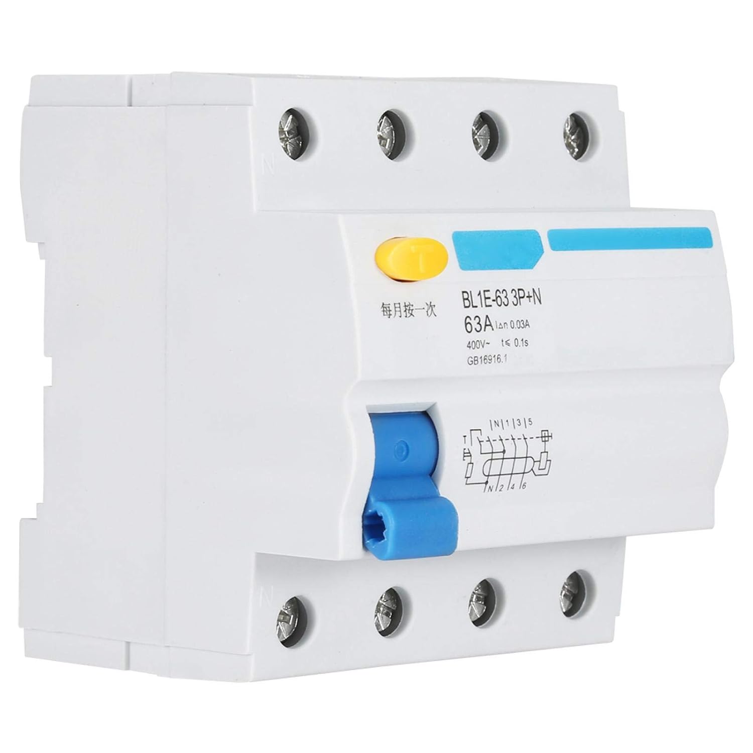 RCCB Residual Current Circuit Breaker, 30mA 230V 3P+N Pole DIN Rail Mount Circuit Breaker, Leakage Protection, Overload Protection, Short-Circuit Protection