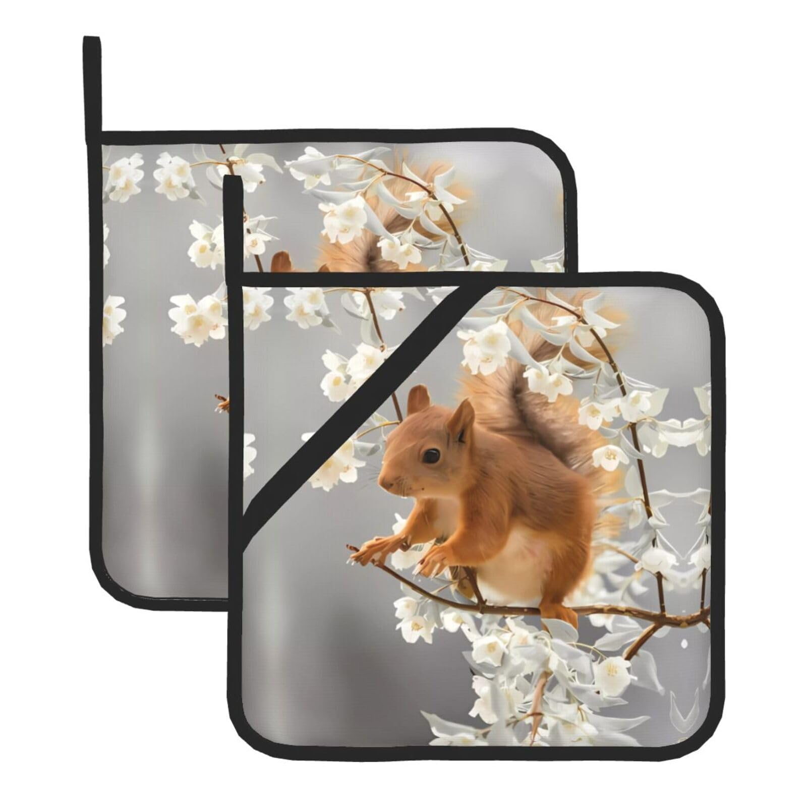 WHJSSF Squirrels in Spring Prints Square Pot Holders - Heat Resistant Kitchen Trivets 2-Pack - Waterproof Covers for Hot Dishes, Oven & Grill with Hanging Loop