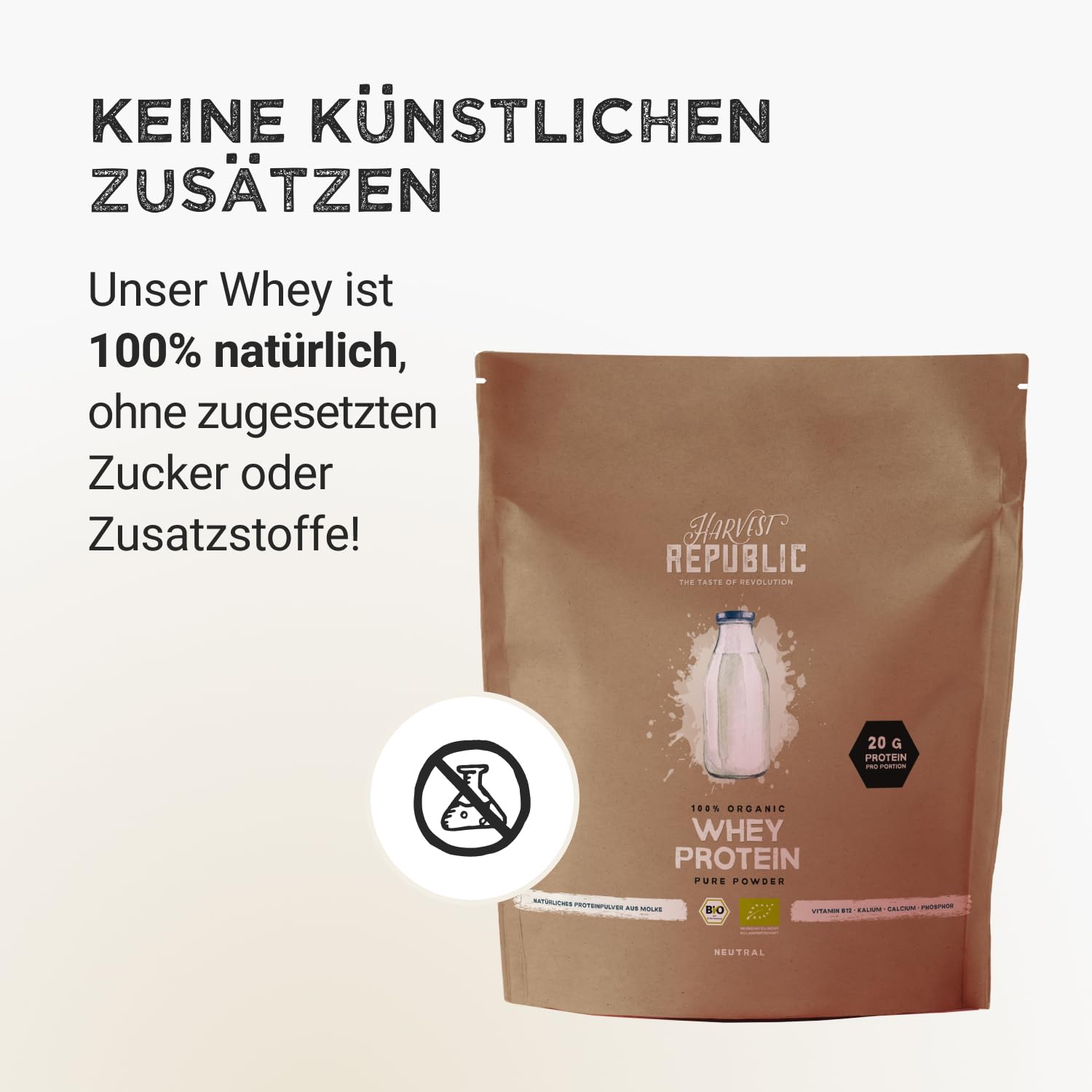 HARVEST REPUBLIC Bio Whey Protein Pulver Natur 750 g | Eiweiß Protein Pulver aus Molke | Molkenproteine für Muskelaufbau | bis zu 20 g Protein pro Portion | Bio Proteinpulver ohne Zusatzstoffe