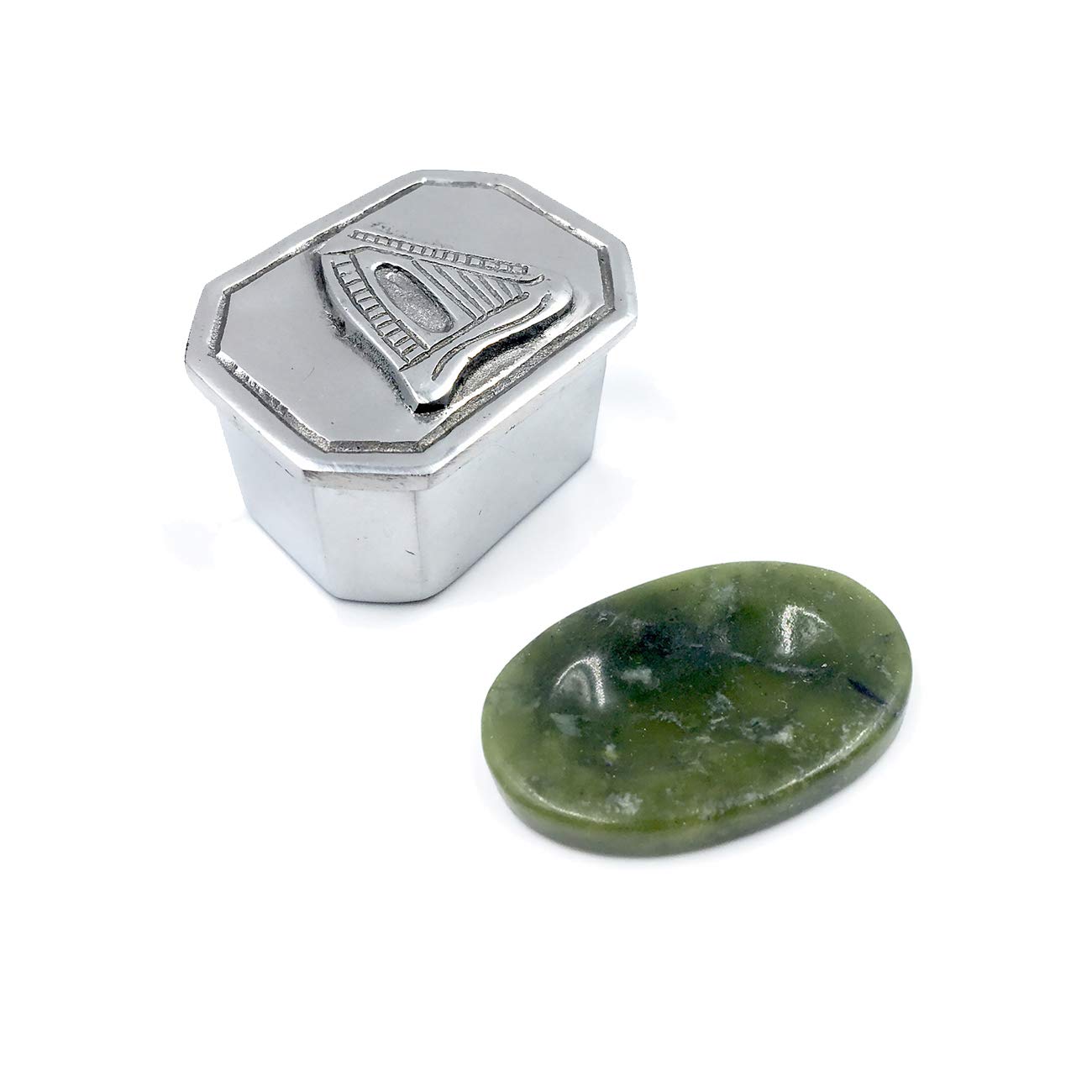Irish Pewter Box with Harp and Connemara Marble Worry Stone