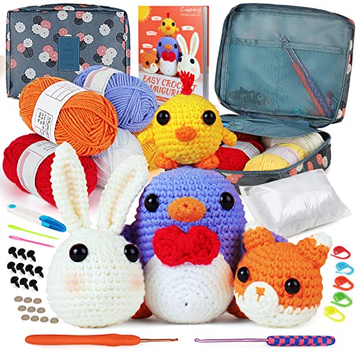 Coopay Crochet Kit for Beginners: 4 in 1 Crochet Animal Kit - Penguin, Chick, Rabbit & Fox, Crochet Set Beginner Crochet Starter Kit for Adults, Learn to Crocheting Knitting Kit Includes Instructions