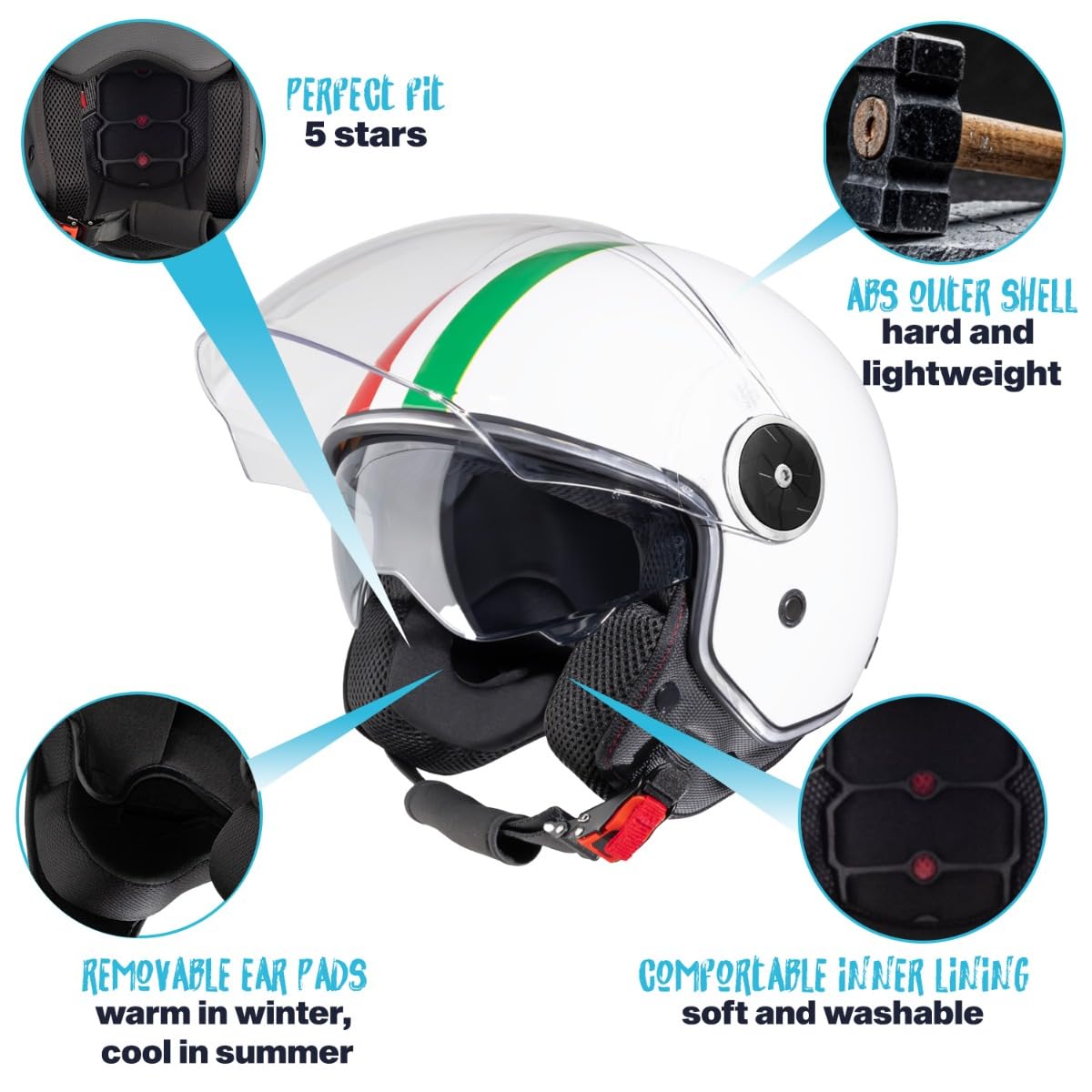 VINZ Neiva Casco Jet con Doble Visera | Casco Scooter & Moto & Ciclomotor | con Visera Solar & Bandera Italiana | ECE 22.06 Homologado | En Tamaño XS - XXL | para Hombre y Mujer