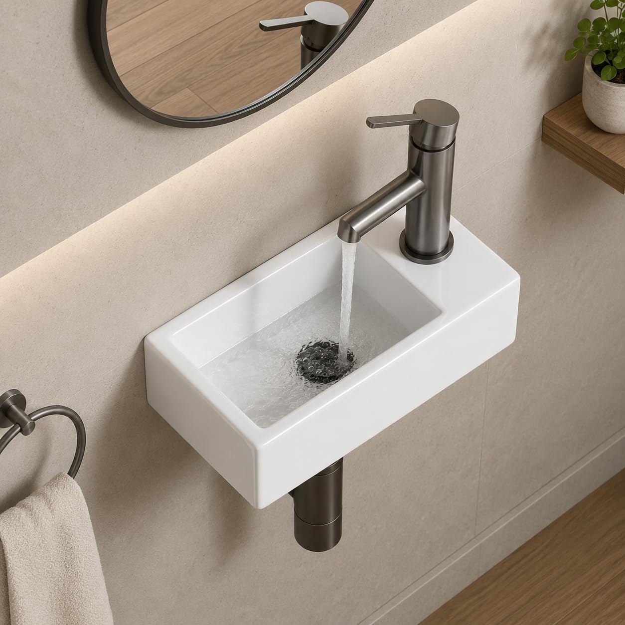 Compact Small Wall Hung Bathroom Corner Basin Sink, Gloss White Ceramic Wash Basin, Modern Space Saving Wall Mounted Sink for Small Bathrooms (Gloss White, Mini Right Hand (365x180mm))