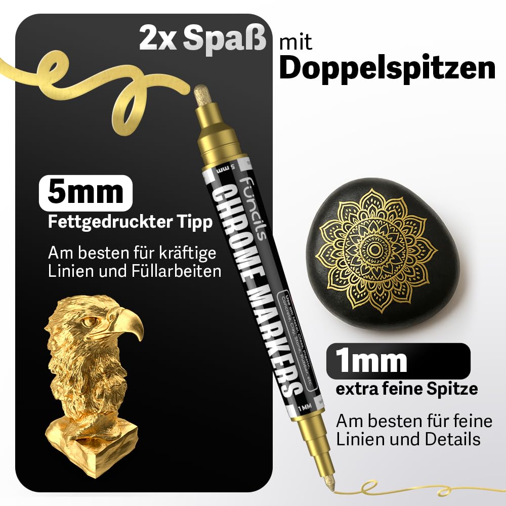 Chrom Lackstift Set - 4 Lackstifte Dual Spitze: 2x Silber, 1x Gold, 1x Kupfer | Lackstift Silber Metallic Auto, Chrom Farbe Gold, | Silberstift Metallic wasserfest für Auto, Glas, Metall