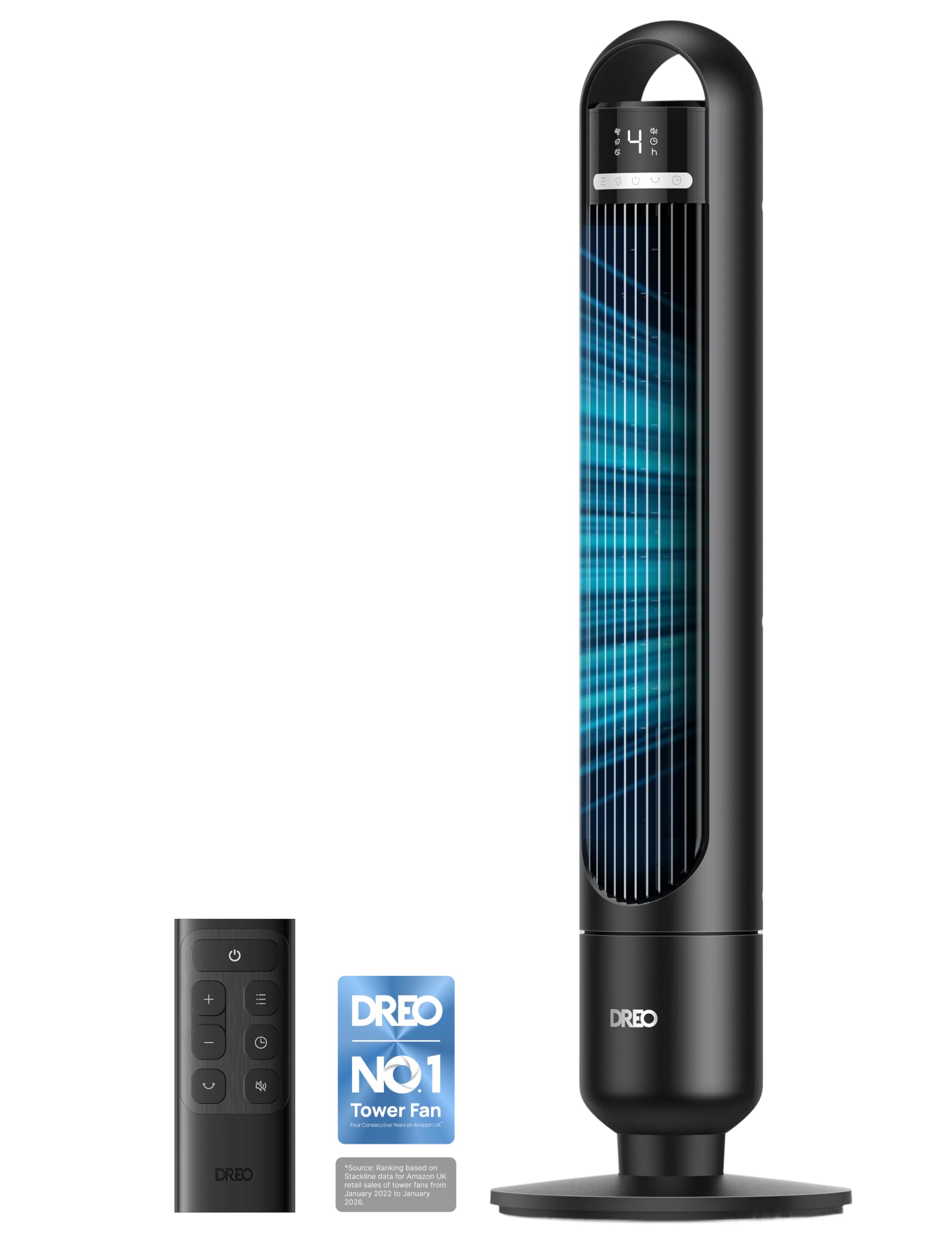 DREO Quiet Tower Fan for Bedroom& Home, 25ft/s Powerful Airflow, 29ft Coverage, 1-8H Timer, 4 Speeds, 3 Modes, 28dB Bladeless Fan with Remote Control, 90° Oscillating Cooling Fan, LED Display