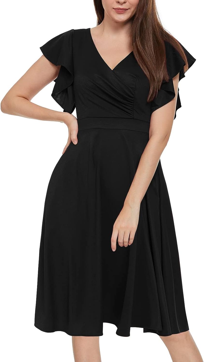Women's Cocktail Dress Wrap V Neck Ruffle Short Sleeve A Line Work Formal Wedding Guest Midi Dress with Pockets - Image 5
