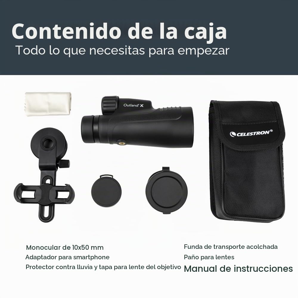 Celestron 72370 Outland X 10x50 Waterproof Monocular with Smartphone Adapter, Bluetooth Remote, Eyepiece Covers and Belt Case - Durable Housing, BaK-4 Prism Glass and Multi-Coated Optics, Black