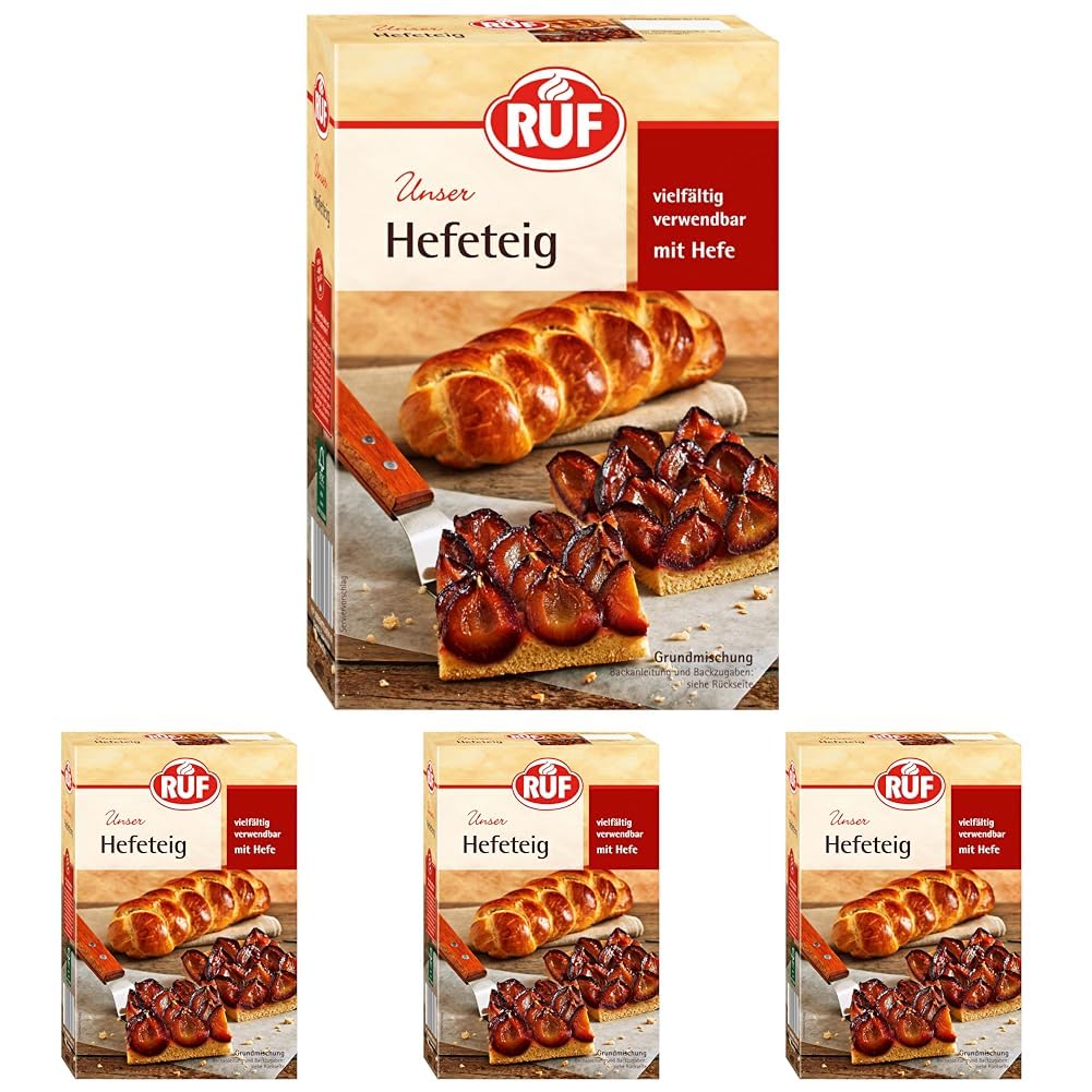RUF Hefeteig mit Trockenbackhefe, schnelle Backmischung, Erfolgsrezept für Hefezöpfe, Hefeteig, Pflaumenkuchen, Pizzateig, Brot & Brötchen (Packung mit 4)