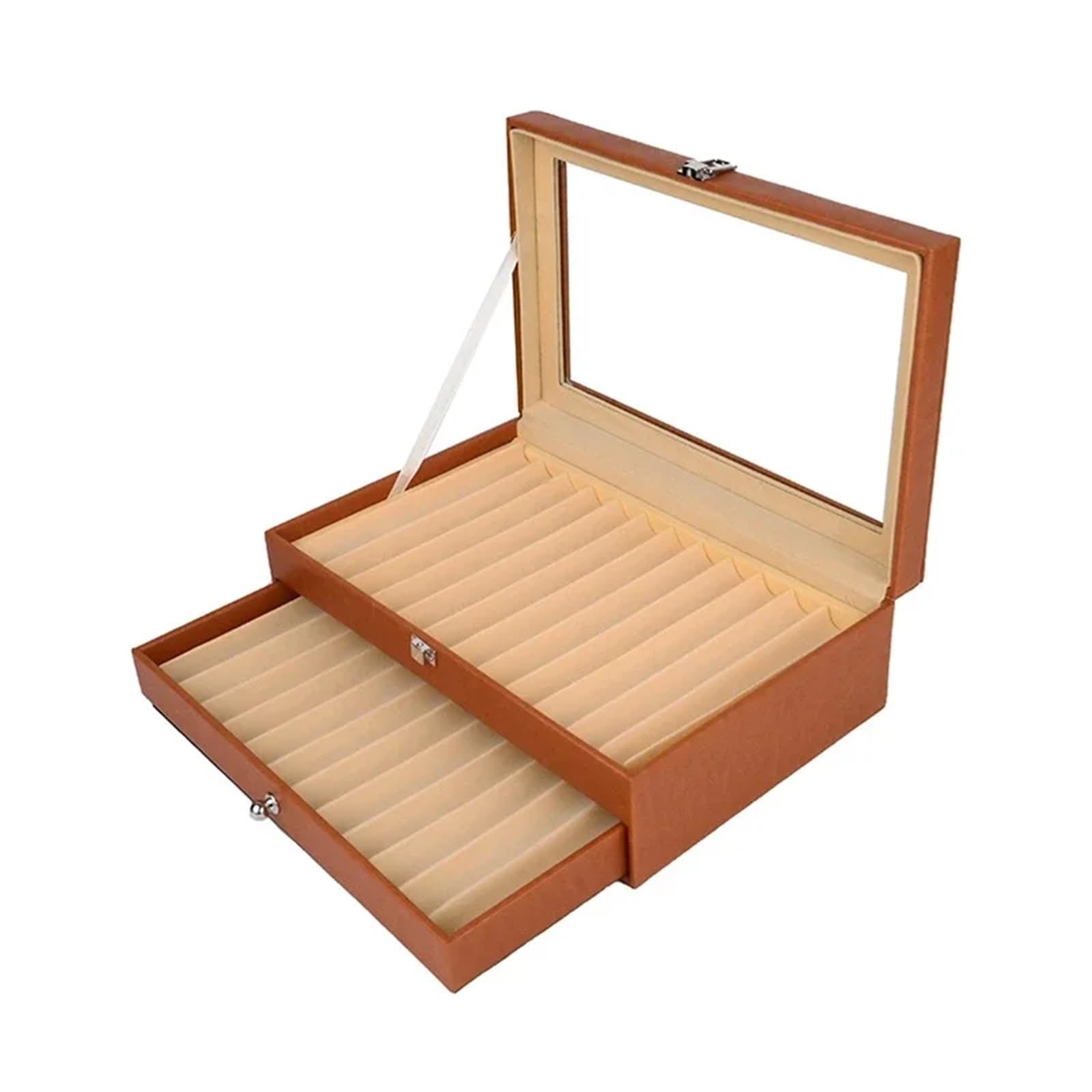 Boîte présentoir en bois pour stylos Présentoir à stylos 12/24/36 emplacements, en cuir et flanelle, avec fenêtre verre - Fournitures scolaires de bureau(Color 1)