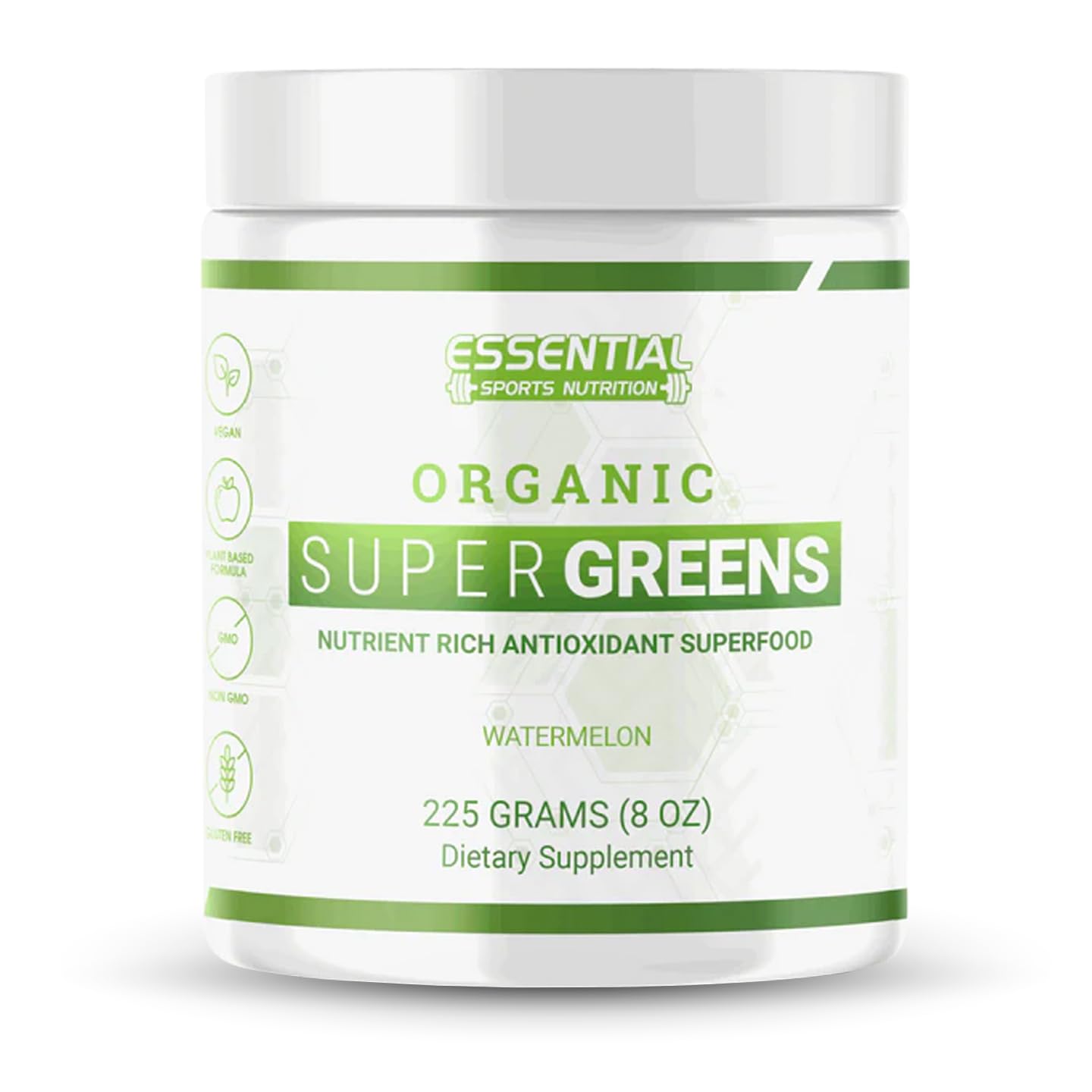 Polvo orgánico Super Greens de Essential Sports Nutrition: mezcla rica en nutrientes para energía, desintoxicación y refuerzo inmunitario. Orgánico certificado por el USDA, sin OGM y apto para veganos.
