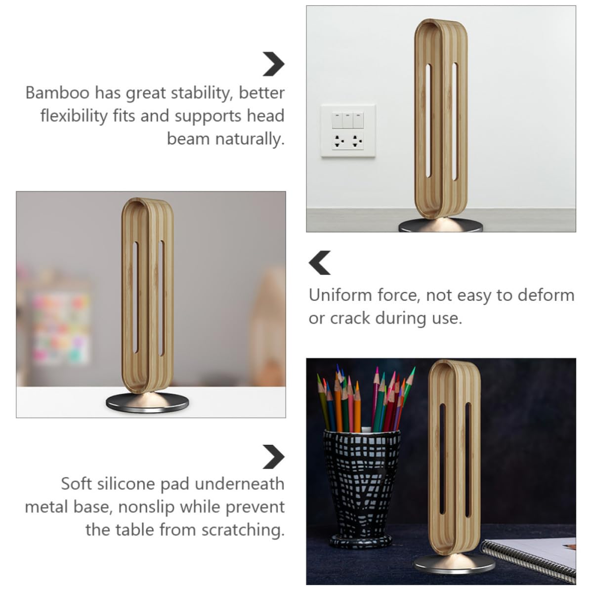 SHINEOFI Supporto per Cuffie da Scrivania in Lega di Alluminio, Stabile | Base in Silicone, Design Semplice Vibe Artistica, Portata Fino a 3kg, Finitura Bambù