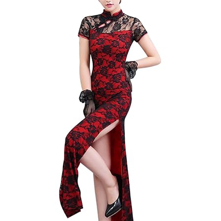 Amazon セクシー チャイナドレス 妖艶 花柄レース スリット入り ロングワンピース チャイナ風 コスプレ お嬢様 キャバドレス 演出用 ダンス衣装 9794 黒 红 L コスプレ 仮装 通販