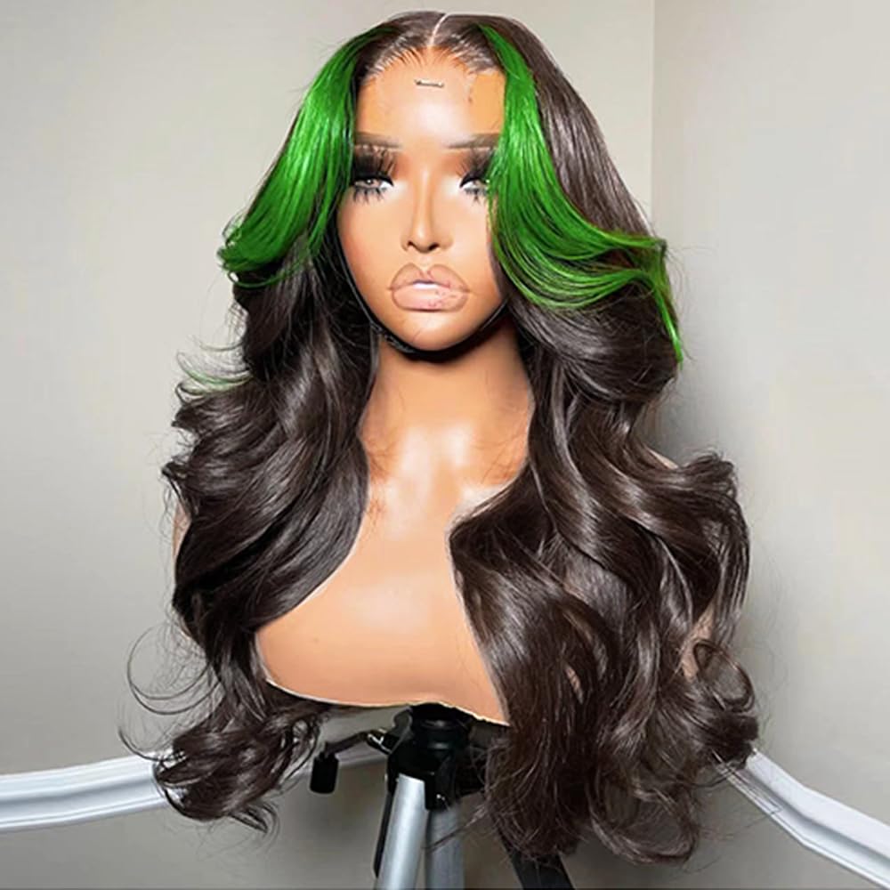 JYZ Skunk Stripe Green Lace Front Wigs Human Hair, 200% Density, Wavy 13X4 HD Lace Front,Green and Natural Black Skunk Stripe Wig,Pre Plucked with Baby Hair,18inch Middle Part