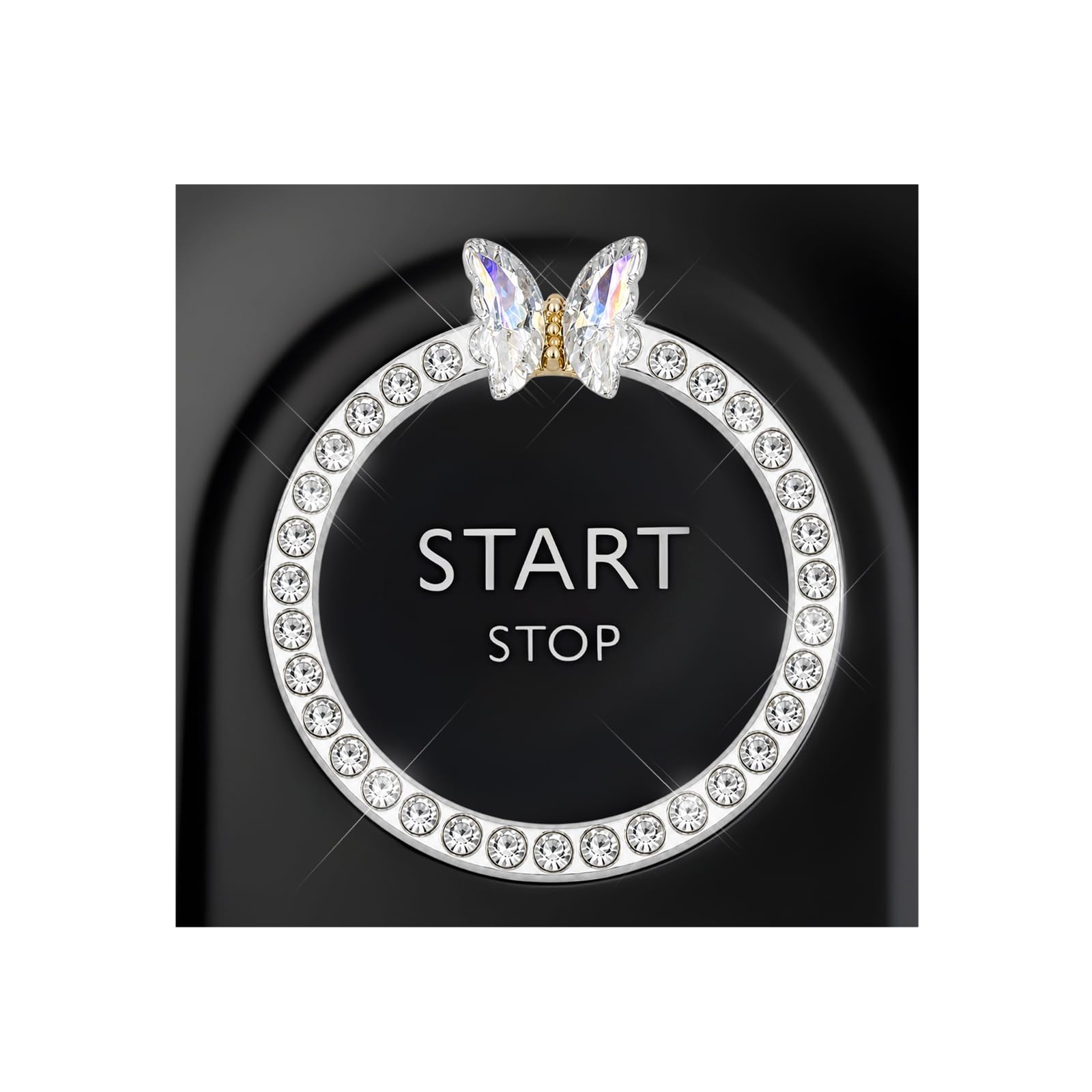 DXNQ Bling Ring Emblem, Sparkling Butterfly Car Buttons and Knobs Ring, Girly Butterfly Diamond Car Engine Start Button Cover, Key Ignition Knob Rings Decoration for Women (White, Single Row)