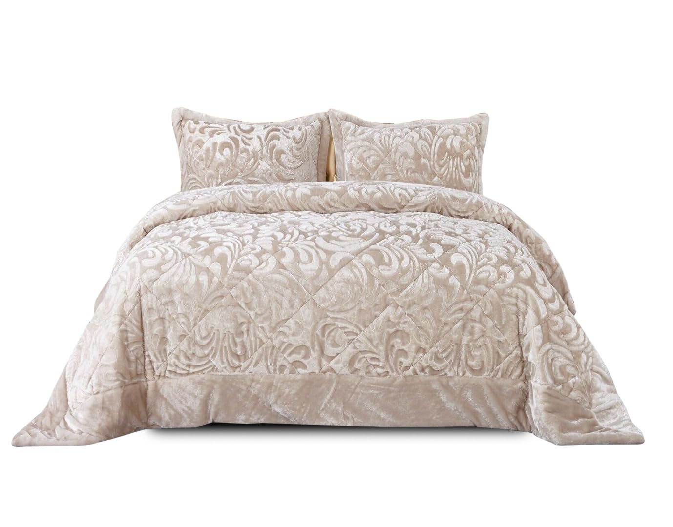 Luxurious and Stylish Quilted Bedspread 3 piece Fleece Velvet Bedding Set-Super Soft Embossed Type Pattern With Pillow Case (Double, Beige-Fleece Bedspread)