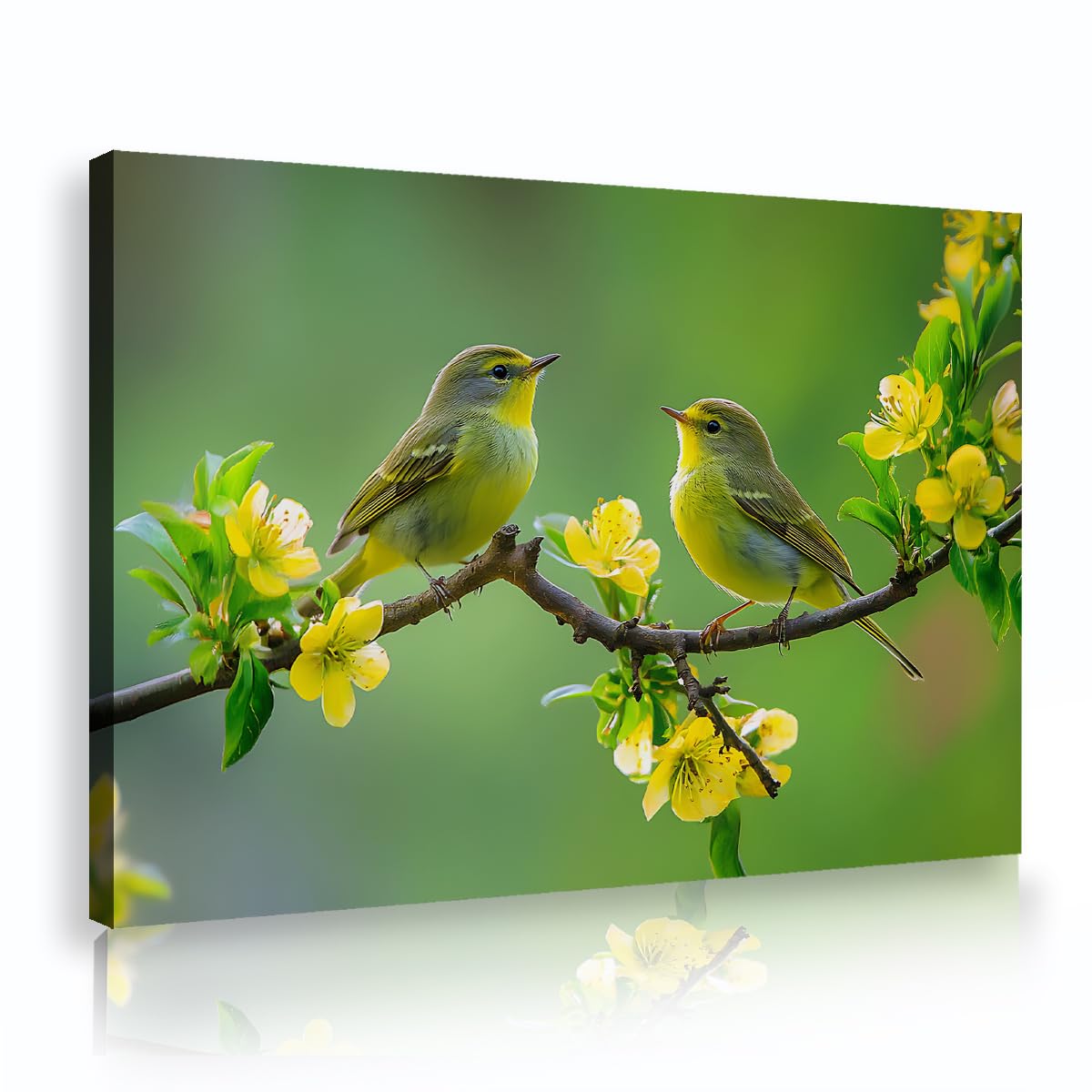 TOANGWALL Yellow Warbler Birds Framed Artwork Green Tree Branch Blossom Canvas Wall Art Wildlife Nature Poster Prints Picture Painting for Living Room Bedroom Studio Decor 75x115cm