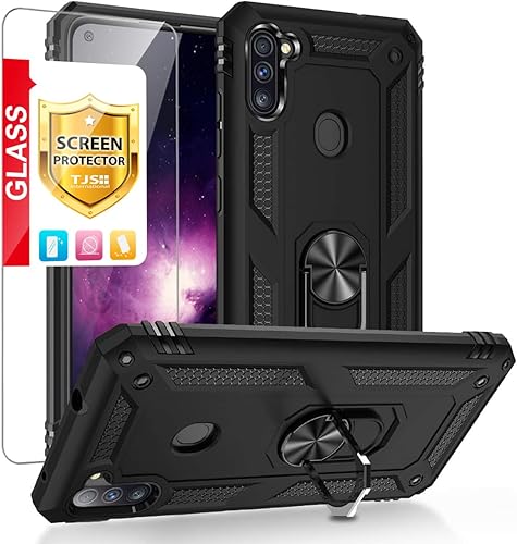 TJS Funda compatible con Samsung Galaxy A11, con protector de pantalla de vidrio templado, anillo de metal, soporte magnético, funda protectora