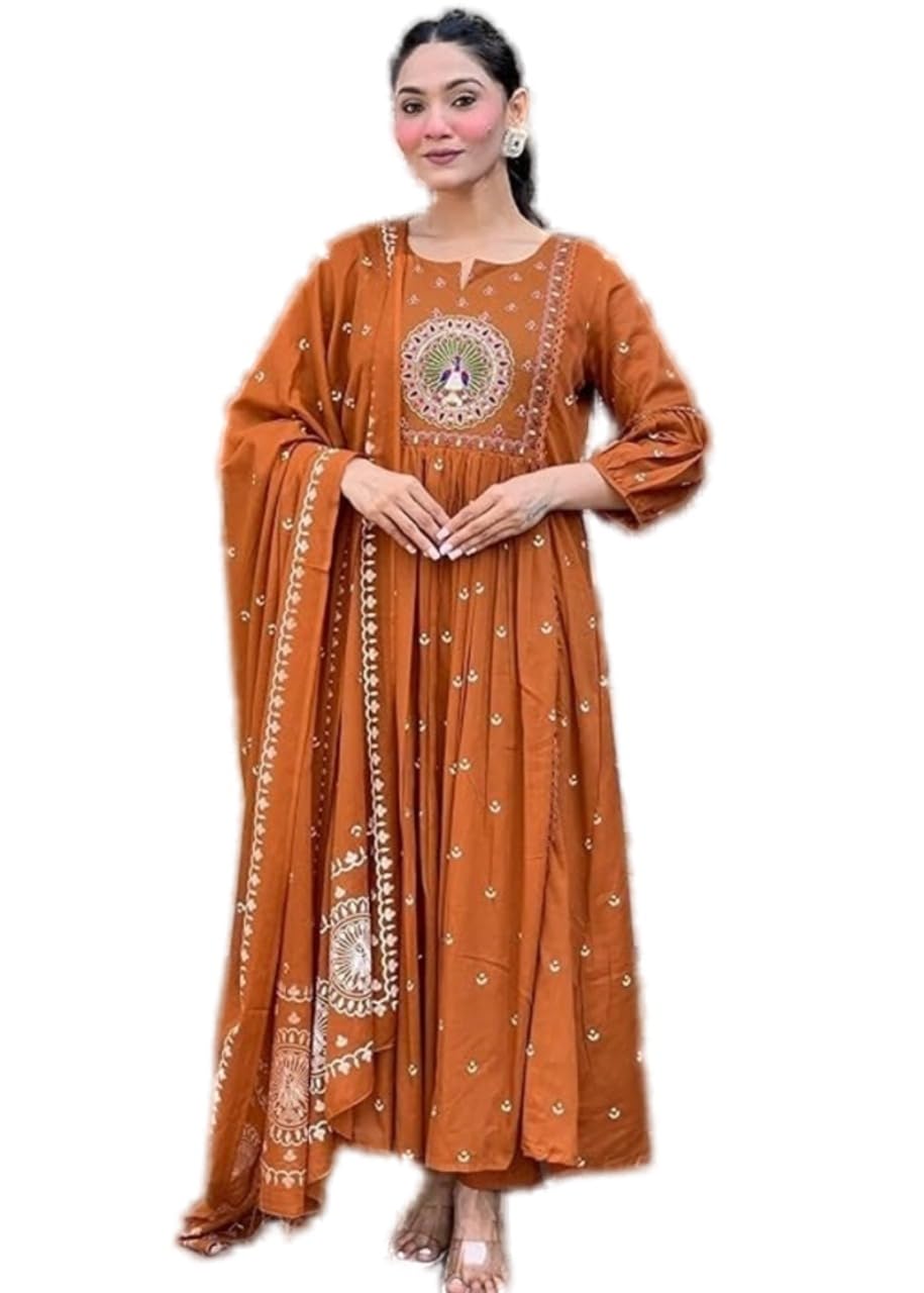 Women's Cotton Embroidered Anarkali Kurta with Pant & Dupatta Set | Kurta Sets for Woman-picture-42