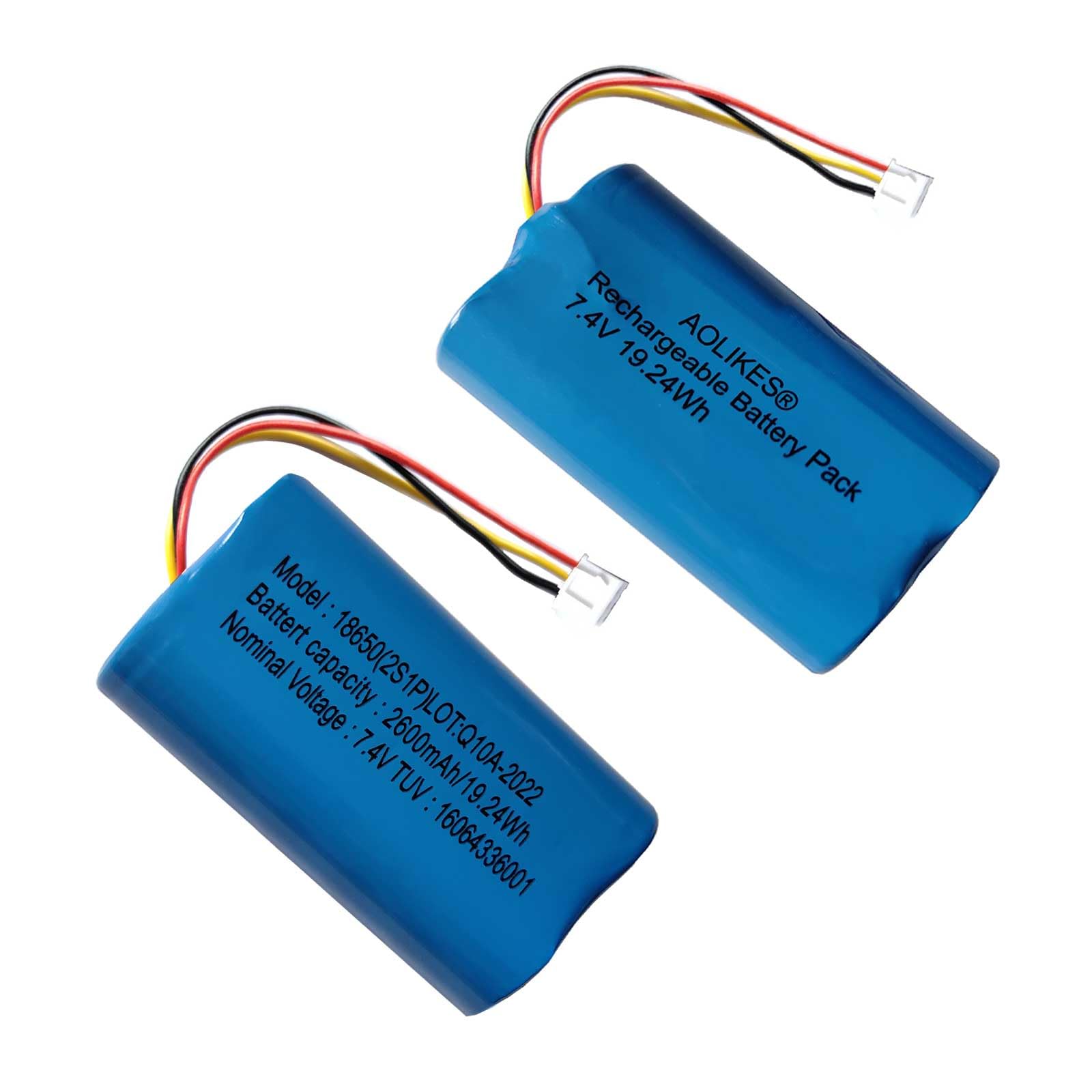AOLIKES Lot de 2 batteries lithium-ion rechargeables 18650 2s1p 2600 mAh 7,4 V avec connecteur XH2,54/3p/cellules 5C/prend en charge la charge rapide/batterie 8,4 V
