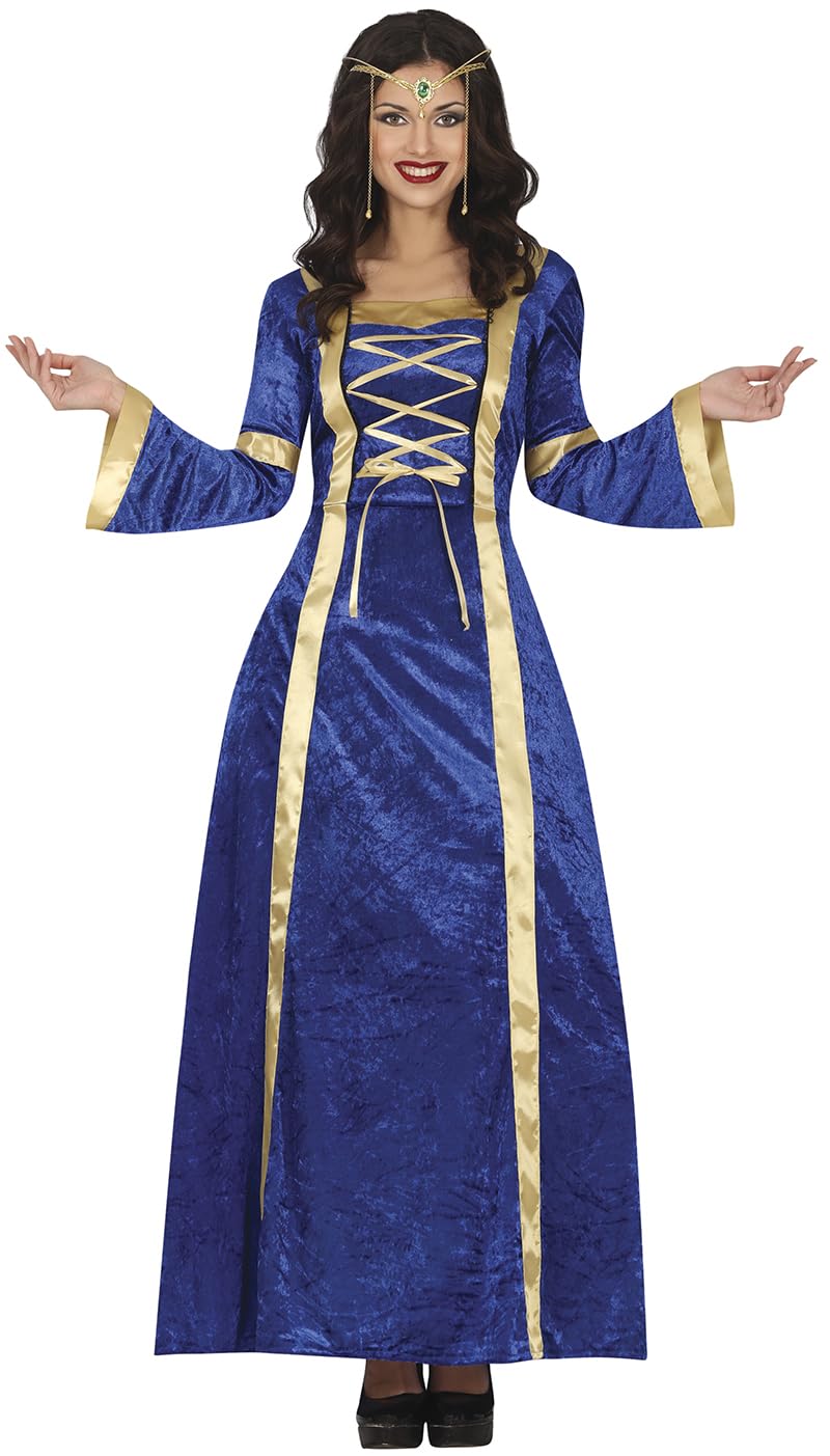 FIESTAS GUIRCA Disfraz medieval de mujer medieval – Vestido de princesa dorado y azul con mangas trompeta – Disfraz de reina medieval vestido medieval