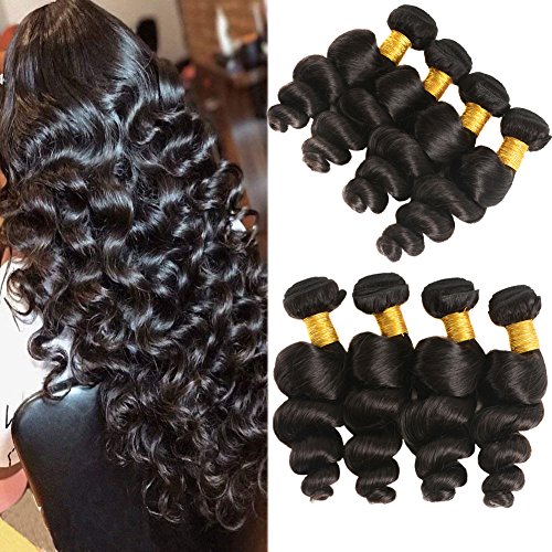 Huarisi Brazilian Wavy Human Hair Bundles Loose Wave Virgin Hair 7a Long Hair Extensions Weave Natural Black Color 22 24 26 28 Inches 400g in one Pack
