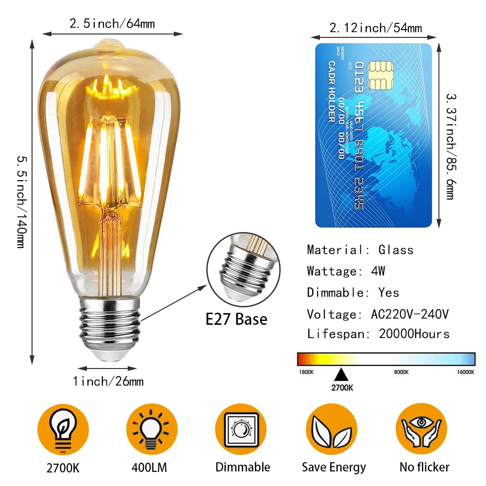 Woowtt Edison Led Bulbs E27, 4W Vintage Screw Light Bulb Warm White 2700K, Dimmable ST64 LED Filament Bulb 40W Equivalent - Image 2
