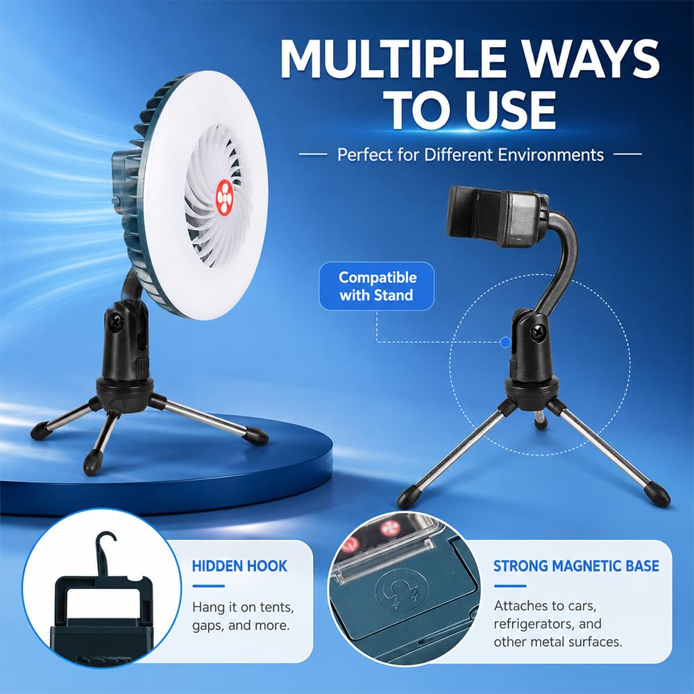 Tragbarer LED Campinglampe mit Ventilator, USB Aufladbar Camping Ventilator mit Licht, Magnetisch Zeltlampe Outdoor Camping, Camping Zubehör für Wandern Angeln Strand Wohnwagen Camper Auto