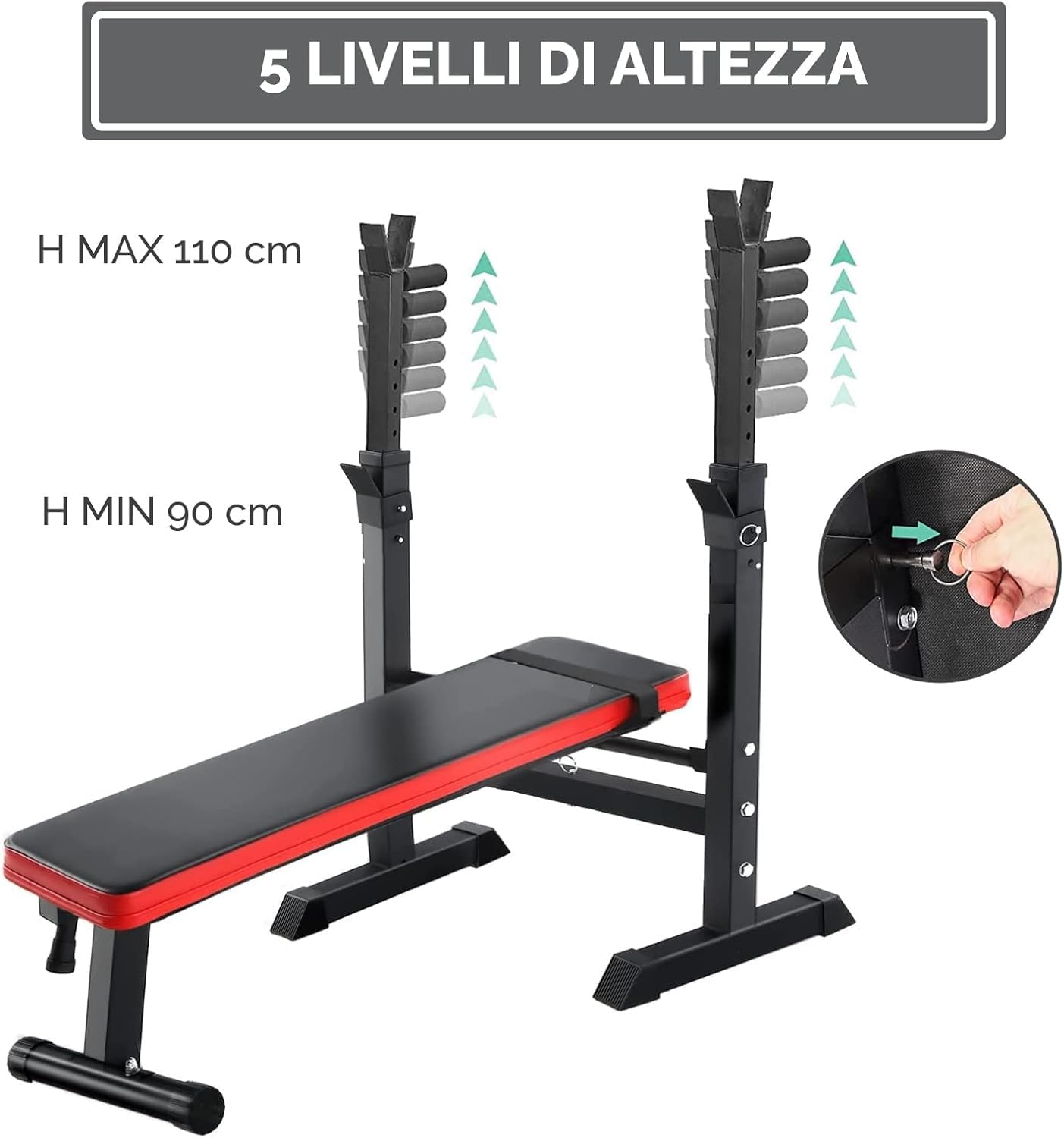 PANCA PESI PIEGHEVOLE REGOLABILE: PANCA PIANA PER PALESTRA CON SUPPORTO BILANCIERE E RACK MULTIFUNZIONALE PER SOLLEVAMENTO PESI