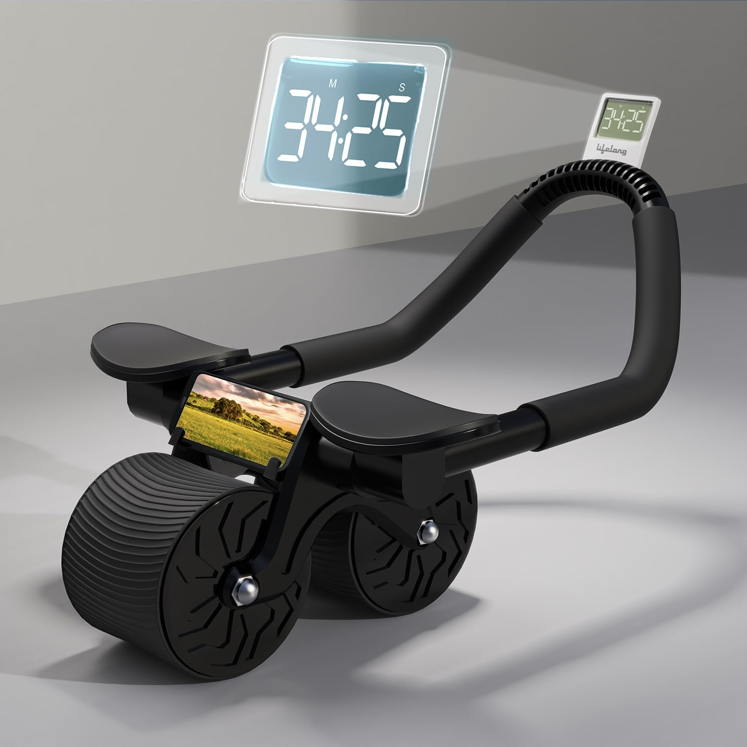 LLAR03 Ab Roller With Automatic Rebound, Elbow Support, Timer & Mobile Holder, Dual Non-Slip Wheels, Professional Core Strength Training Ab Roller, Home Gym Core Trainer With Knee Pad – Black