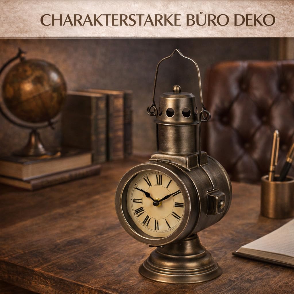 formano Metall Standuhr Vintage im Grubenlampen Design Tischuhr 32 cm im Industrial Stil, Quarz Laufwerk Batteriebetrieb (1x AA), Retro Deko Uhr für Wohnzimmer, Büro & Regal