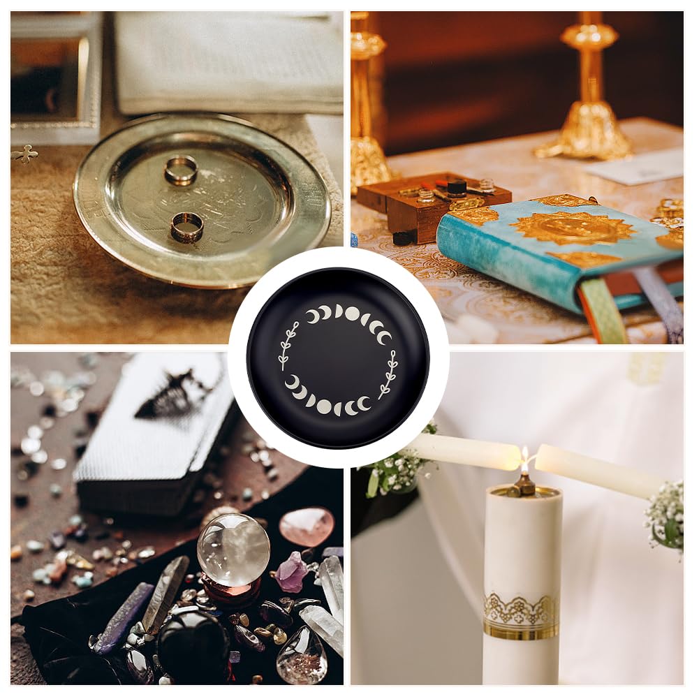 CREATCABIN Phase Moon Altar Plate Jewelry Dish Ritual Flat Bowl Round Prayer Tray Offering Bowl Dish Black Candle Holder with Divination Card for Meditation Incense Sticks Dowsing 5.55Inch - Image 4