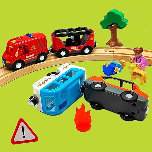 Miniatura 6 de Juego de trenes magnéticos y autos de madera, accesorios de tren de camión de bomberos para niños de 3 a 5 años, juegos de trenes de madera para