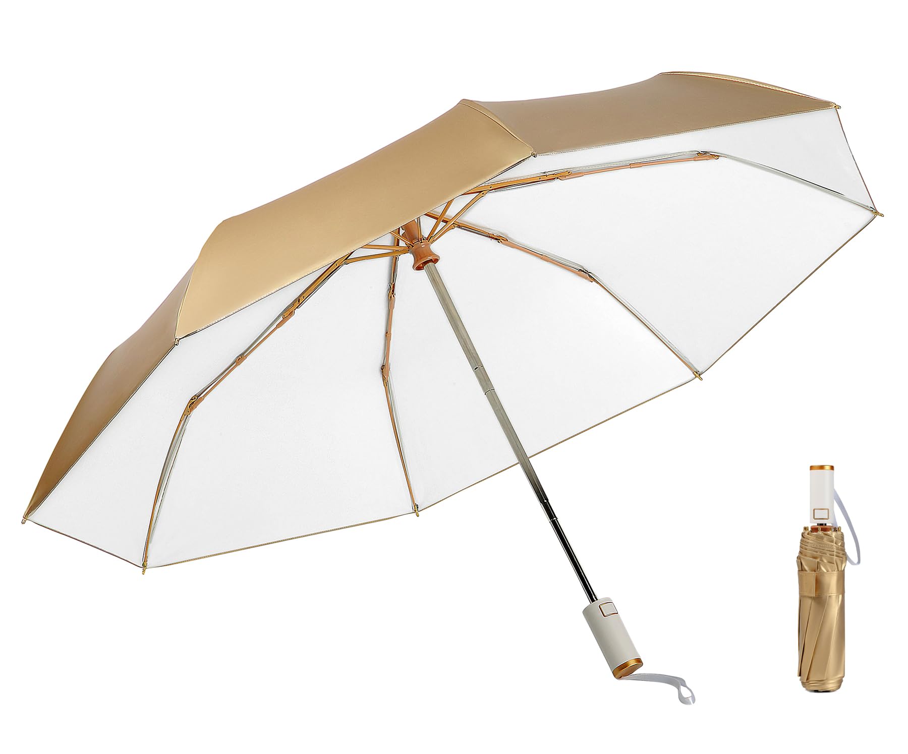 LCY Automatic Anti-UV Folding Golden Parasol Umbrella Small Lightweight Compact Sun & Rain Umbrella-White