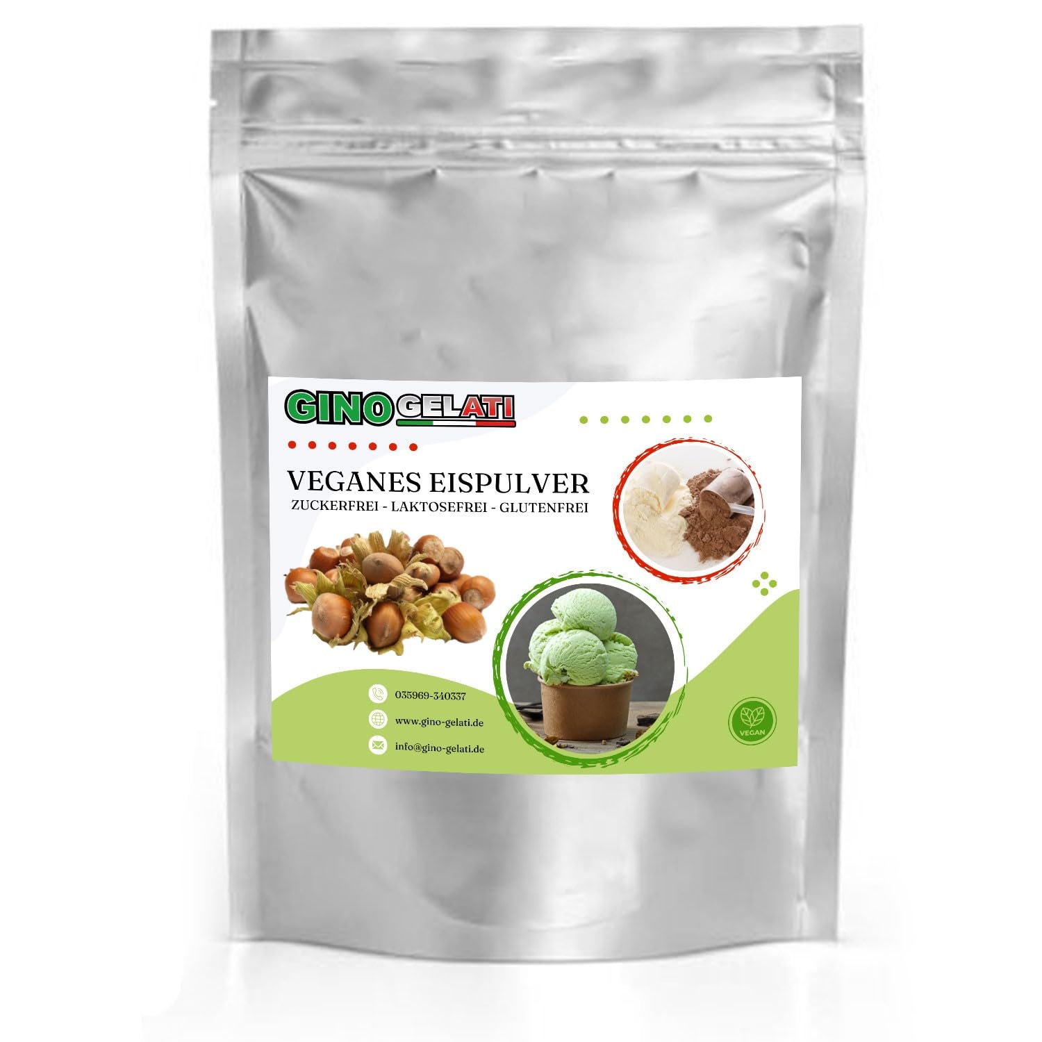 Gino Gelati Nuss Veganes Eis Pulver Zucker-, laktosefrei, verschiede Geschmäcker, schnelle und einfache Zubereitung, Herstellung mit oder ohne Eismaschine (10 Kg, Haselnuss)