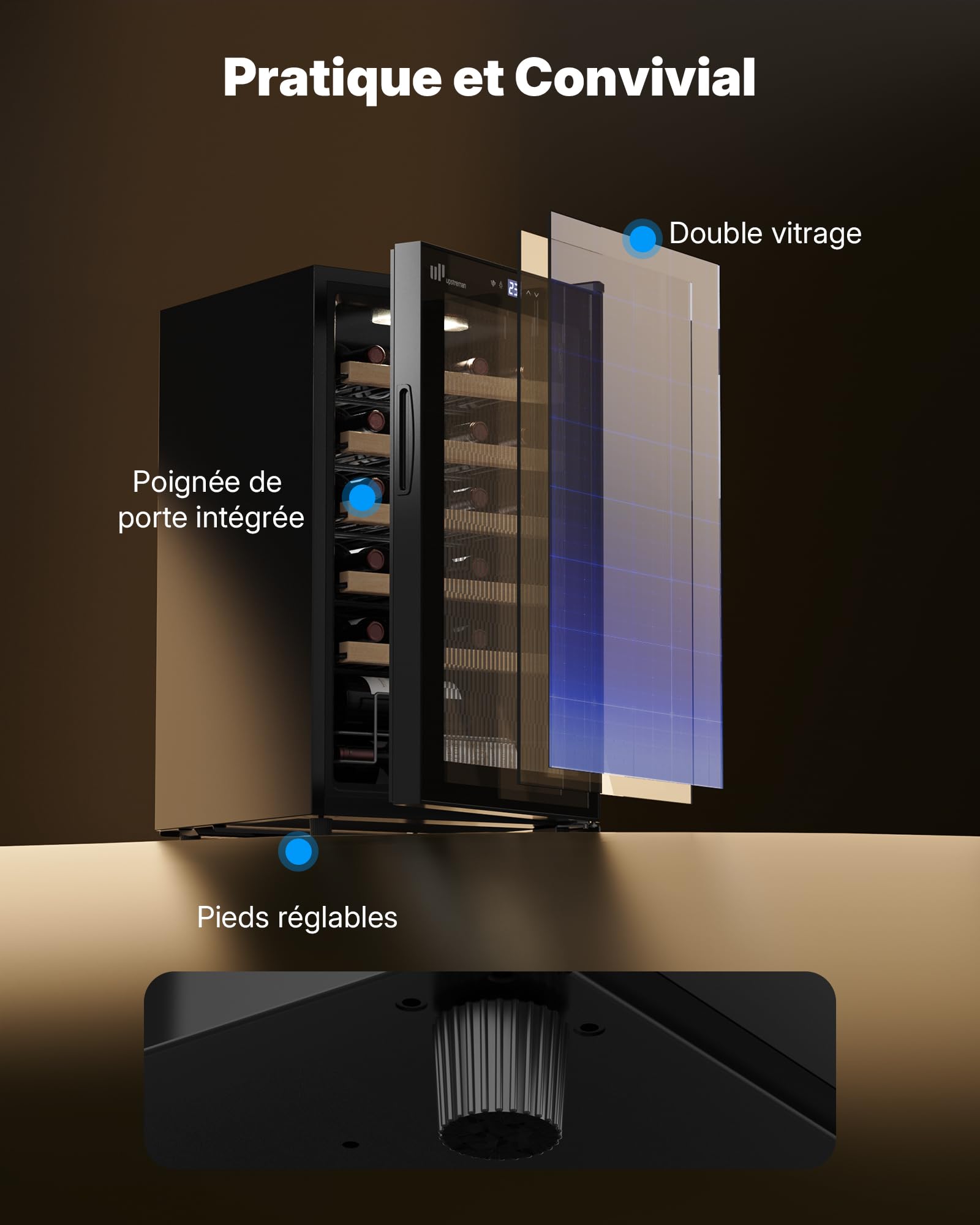 Upstreman W24 Cave à Vin 24 Bouteilles Encastrable Sous Plan Double Vitrage Écran Tactile Éclairage LED 5 Étagères Noir