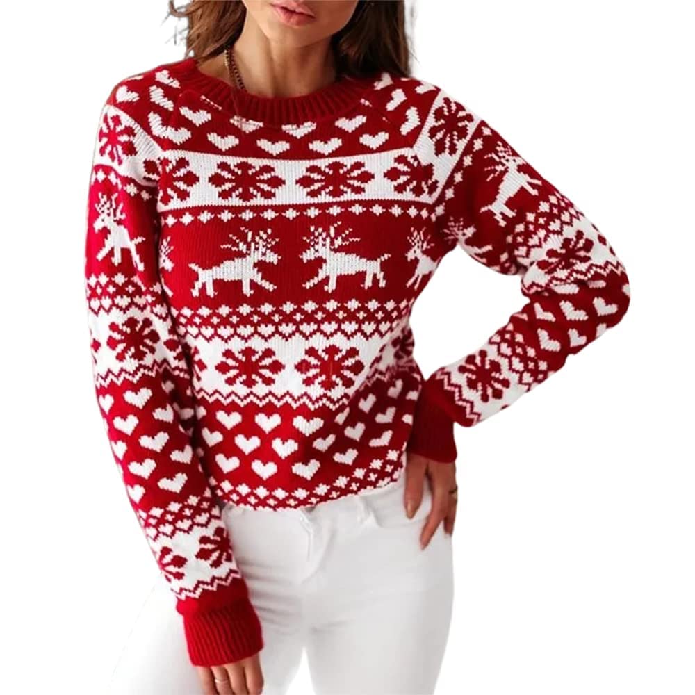 Christmas Sweaters for Women Crew Neck Cute Snowflake Reindeer Heart Pattern Trendy Pullover Knitted Sweater