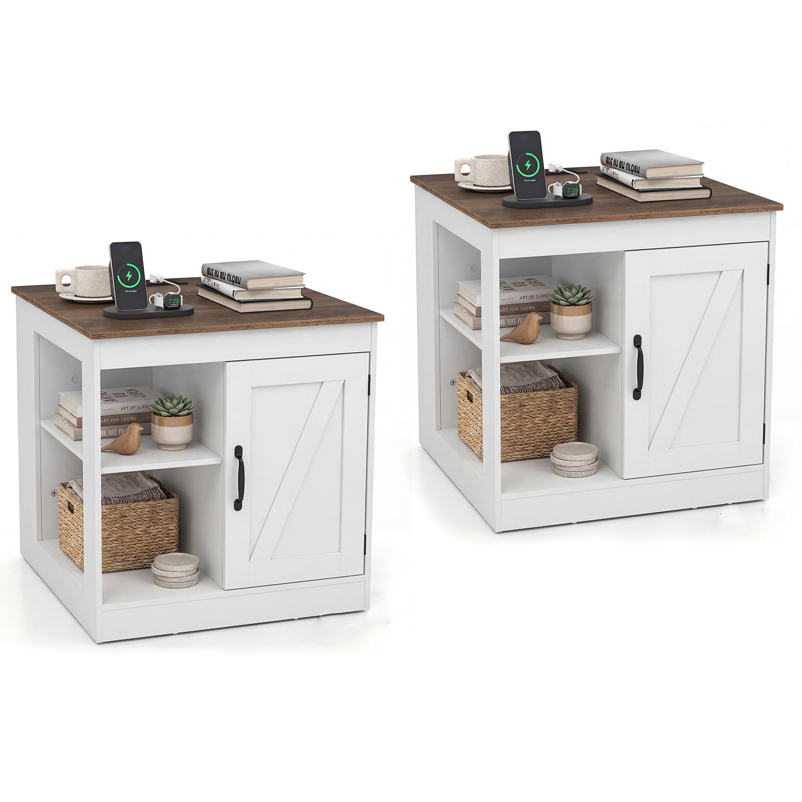 COSTWAY Bedside Table with Charging Station, Wooden Nightstand End Sofa Side Table with Open Shelves, Cabinet & Barn Door, Farmhouse Accent Bedside Cabinet for Living Room Bedroom (2, White + Natural)