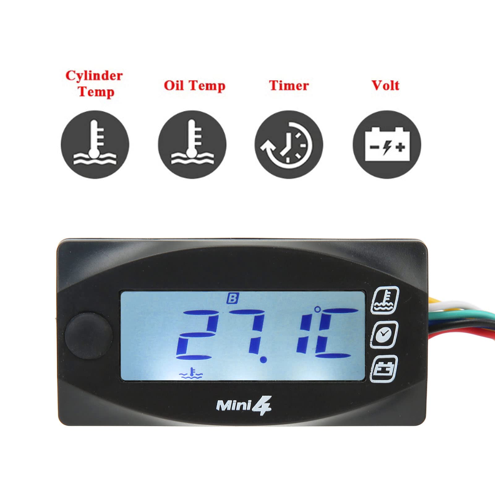 Bediffer Termometro Digitale per Motocicletta, 4 in 1, Misuratore di Tensione, Temperatura del Motore e dell'Olio, Display Digitale con Retroilluminazione Blu, DC12V