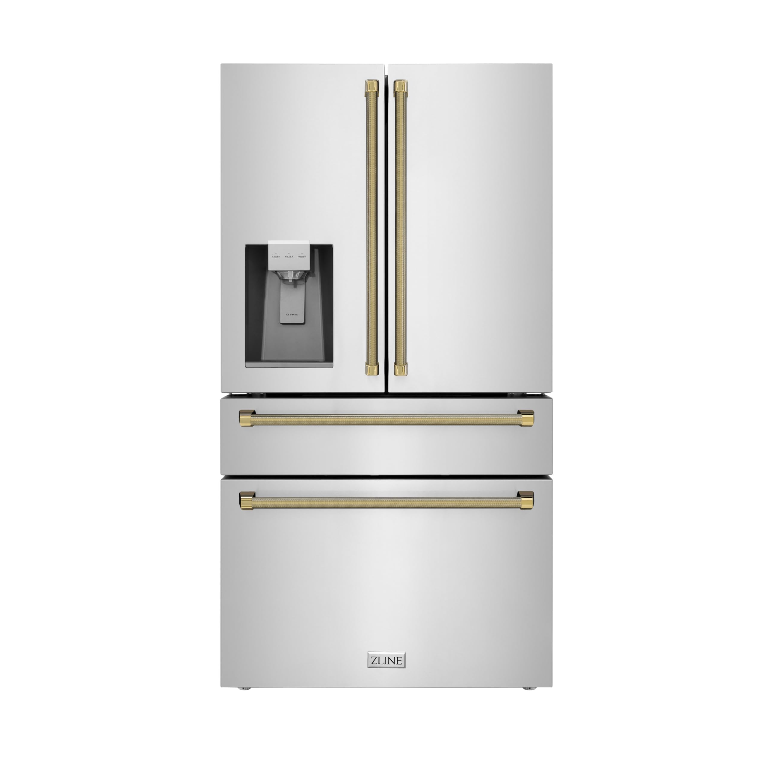 ZLINE Autograph Edition 36 in. 21.6 cu. ft. Counter-Depth French Door Refrigerator with Water and Ice Dispenser in Fingerprint-Resistant Stainless Steel with Polished Gold Helix Handles on Fridge.com