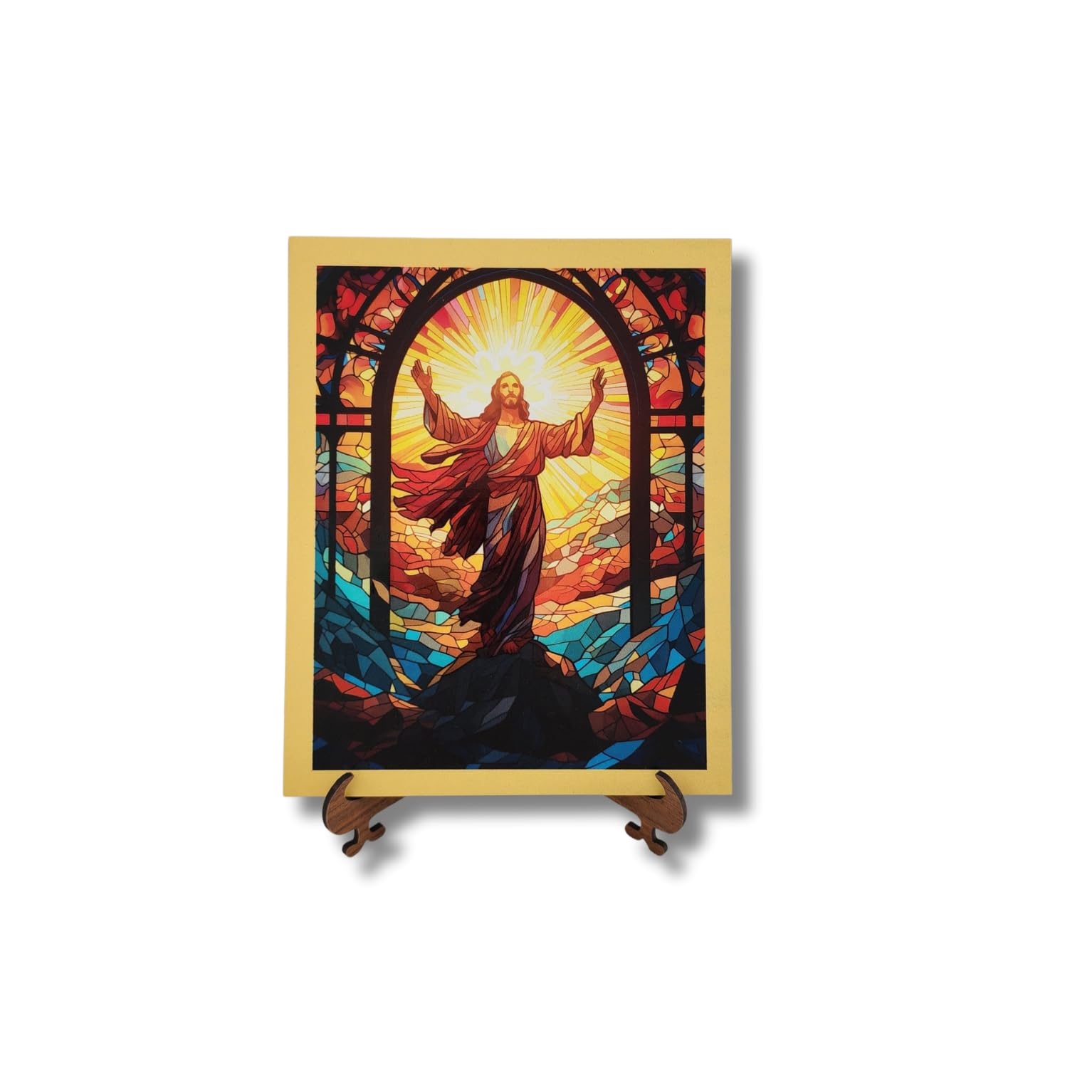Jesus Resurrection Stained Glass Wood Decor – 10x10cm Tabletop Wooden Plaque, Stand Display for Desk, Coffee Table, Home & Office Religious Ornament